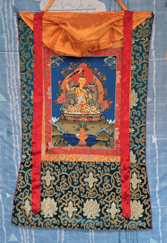 Original Manjushri / God Of Wisdom / Hand Painted Tibetan Compassion / Meditation / Tibetan Thangka / Thanka Painting - Silk Framed