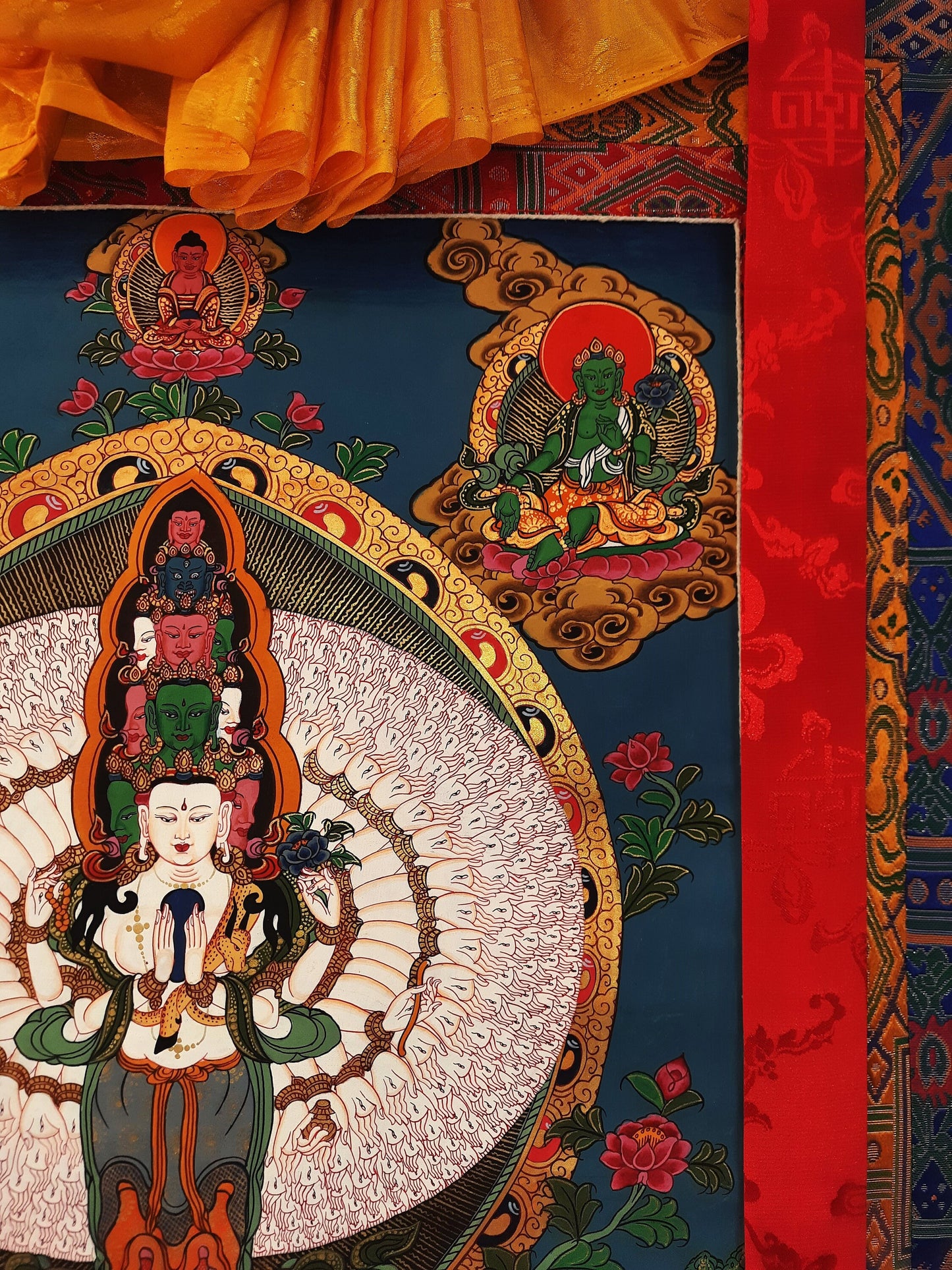 Original Hand Painted 1000 ARMED AVALOKITESHVARA / Lokeshwor Tibetan Meditation Thangka / Thanka Painting With Premium Silk Brocade