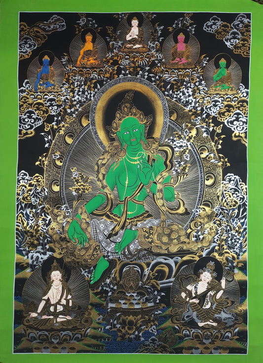 Hand painted Original Green Tara Mother Goddess Masterpiece Tibetan Thangka  / Thangka / Painting  Compassion Meditation