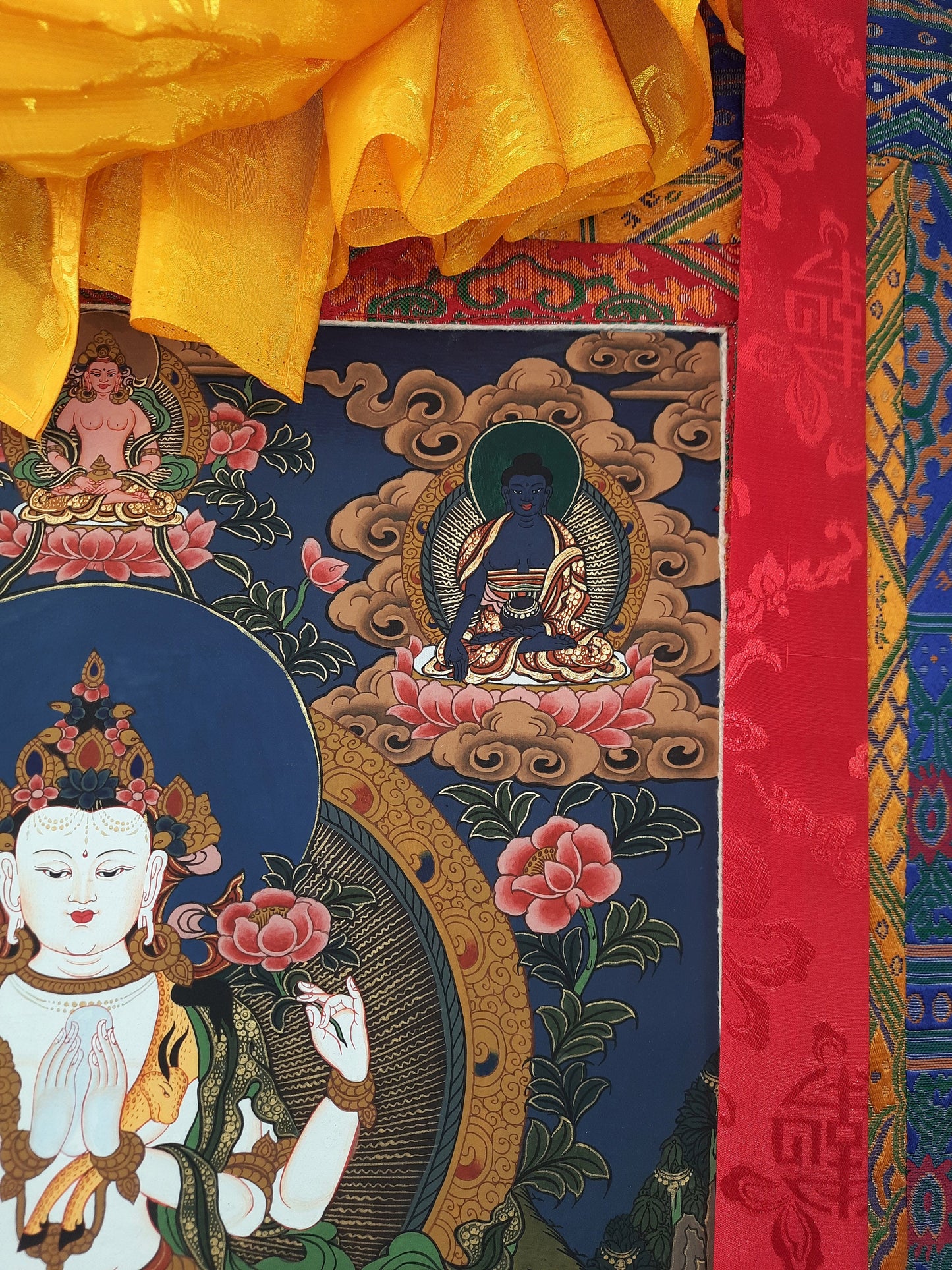 Original Hand Painted Chenrezig / Compassion Buddha Tibetan Compassion / Meditation Thangka / Thanka Painting With Premium Silk Framed