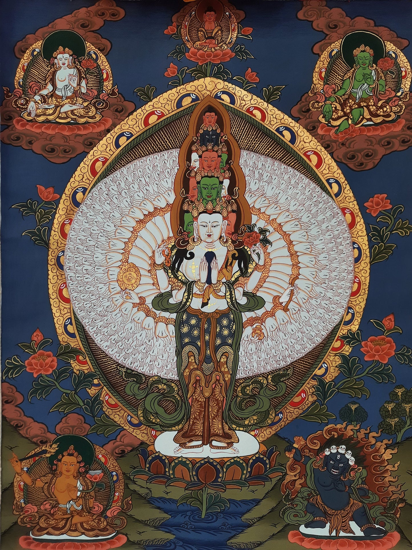 Original Hand Painted 1000 ARMED AVALOKITESHVARA /Lokeshwor Tibetan Meditation Thangka / Thanka Painting with High Quality Silk Framed
