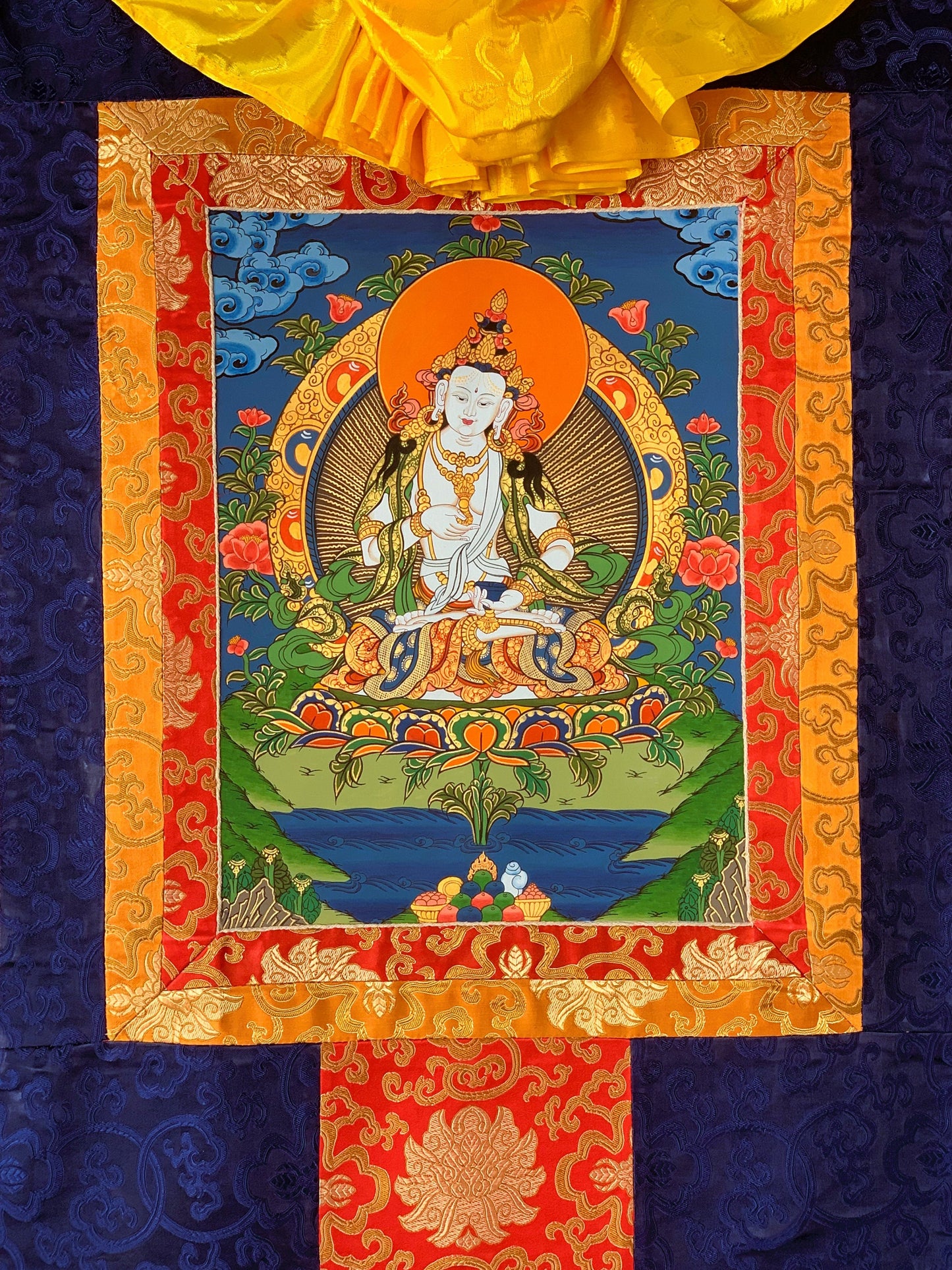 Hand-painted Vajrasattva, Dhyani Buddha, Purification, Thangka Painting with Silk Brocade