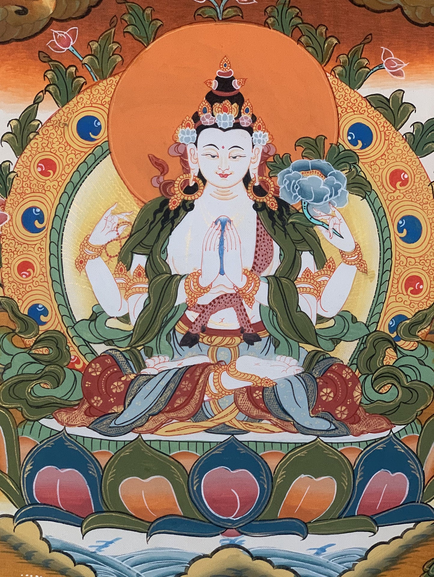 Original Hand Painted Chenrezig /Avalokiteshvara Compassion Buddha Tibetan Meditation Thangka / Thanka Painting With Premium Silk Brocade