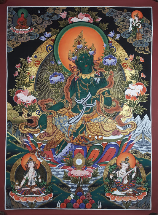 Hand painted Original Green Tara Masterpiece Painting Tibetan Wall hanging Thangka  / Thangka / Compassion Meditation