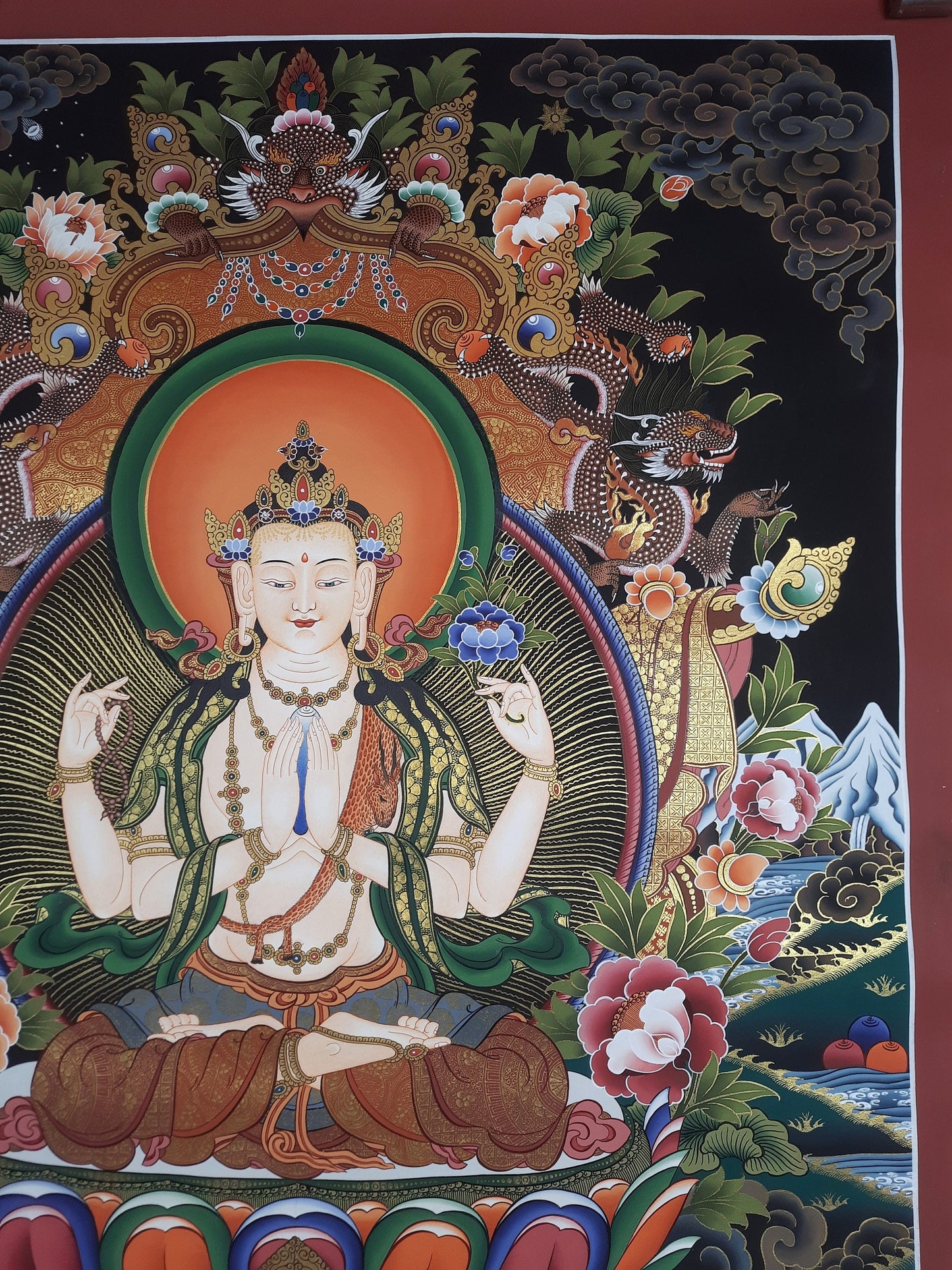 Original Hand Painted Chenrezig / Compassion Buddha Masterpiece Tibetan Meditation Wall hanging Thangka / Thanka Painting From Nepal