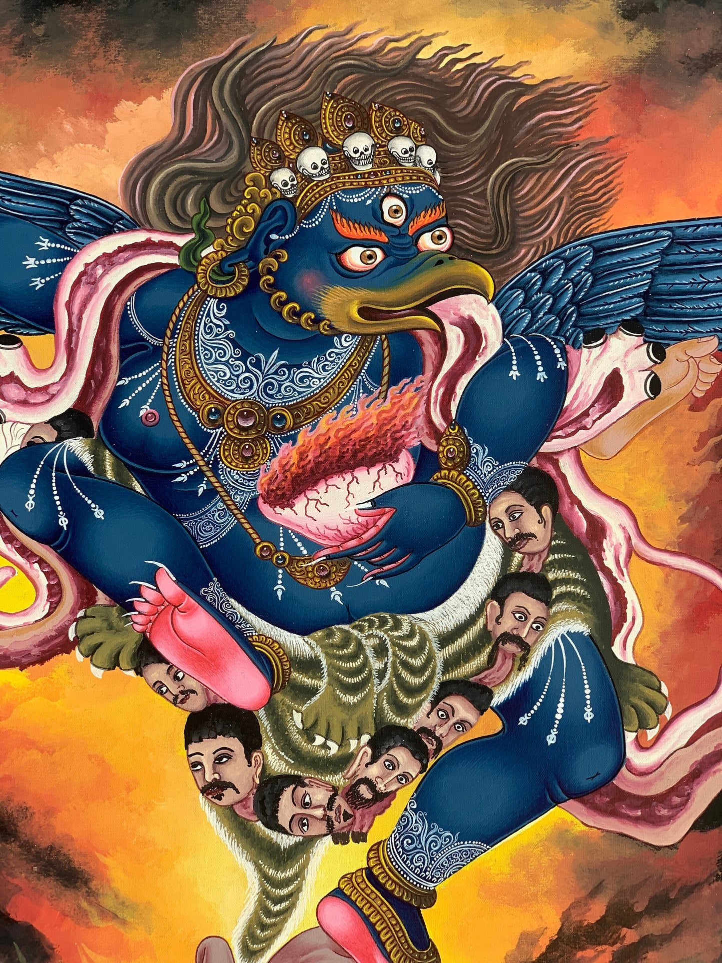 Original Hand Painted Hindu Demigod Garuda/ Eagle Celestial Deva Man with Wings Protector Rare Masterpiece Newari Thangka/Paubha Painting