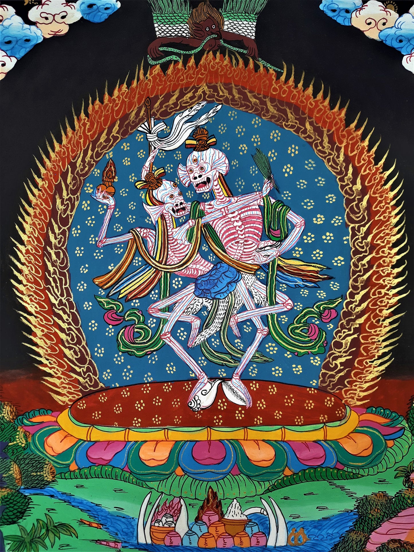 Original Hand Painted Citipati The Dancing Skeletons Tibetan Meditation compassion thangka/thanka painting