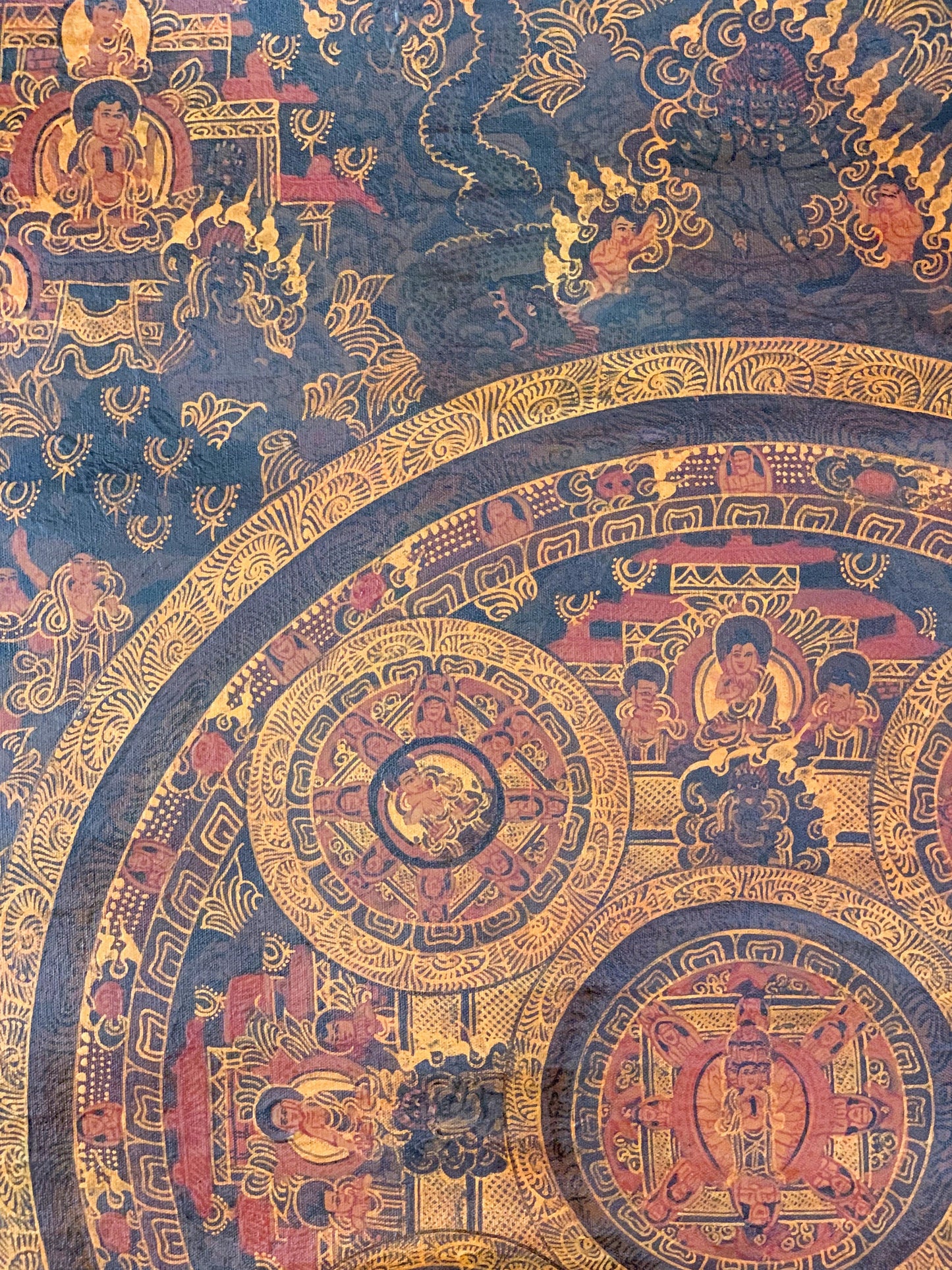 Original Hand Painted Five Buddha Life Mandala Tibetan Meditation compassion Oil Varnished Thangka / Thanka painting with Silk Brocade