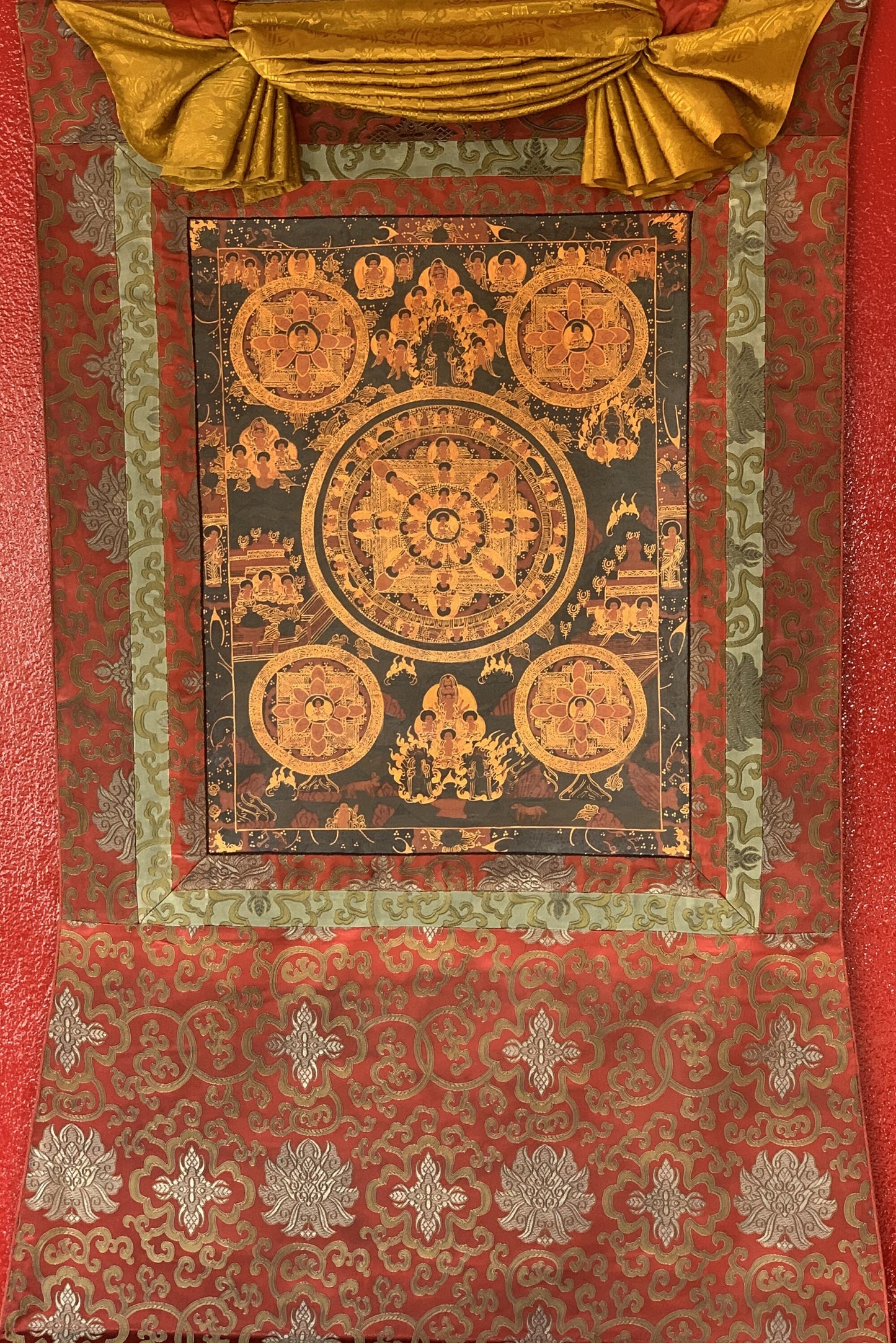 Buddha Life/ Bhavacakra/ Wheel of Life Mandala Old Oil- Varnished Tibetan Thangka Painting with Silk Brocade