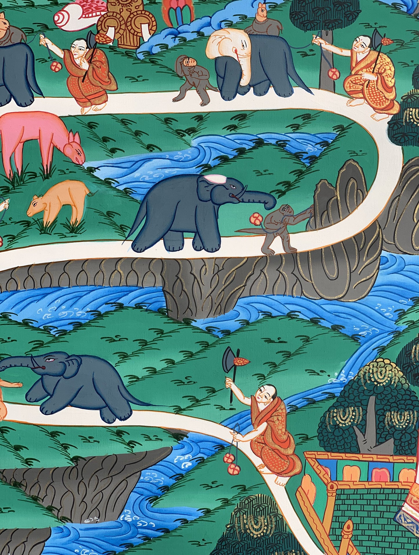Original Hand-painted Way to Heaven/ Way to Nirvana Elephant Path Samatha Meditation Master quality Tibetan Thangka Painting from Nepal