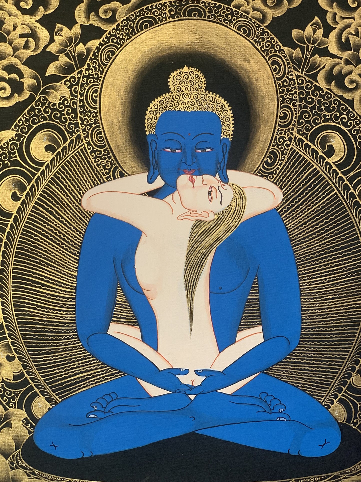 Original Hand Painted Buddha Shakti / Samantabhadra / Yab-Yum Tibetan Compassion Meditation Thangka Painting with Premium Silk Border