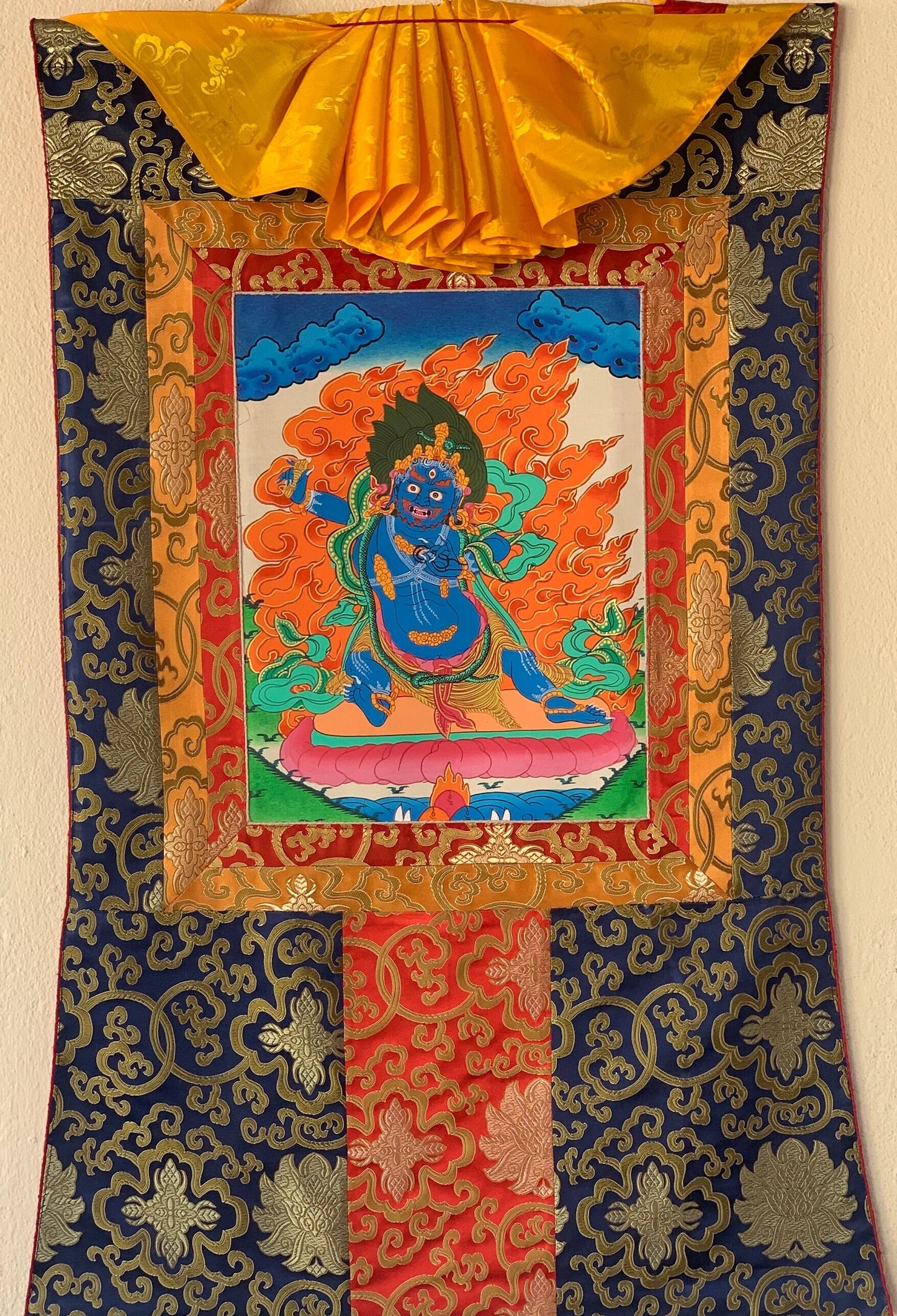 Original Hand-painted Vajarapani, Sangdag Chagna Dorje, Tibetan Thangka Painting with Silk Brocade