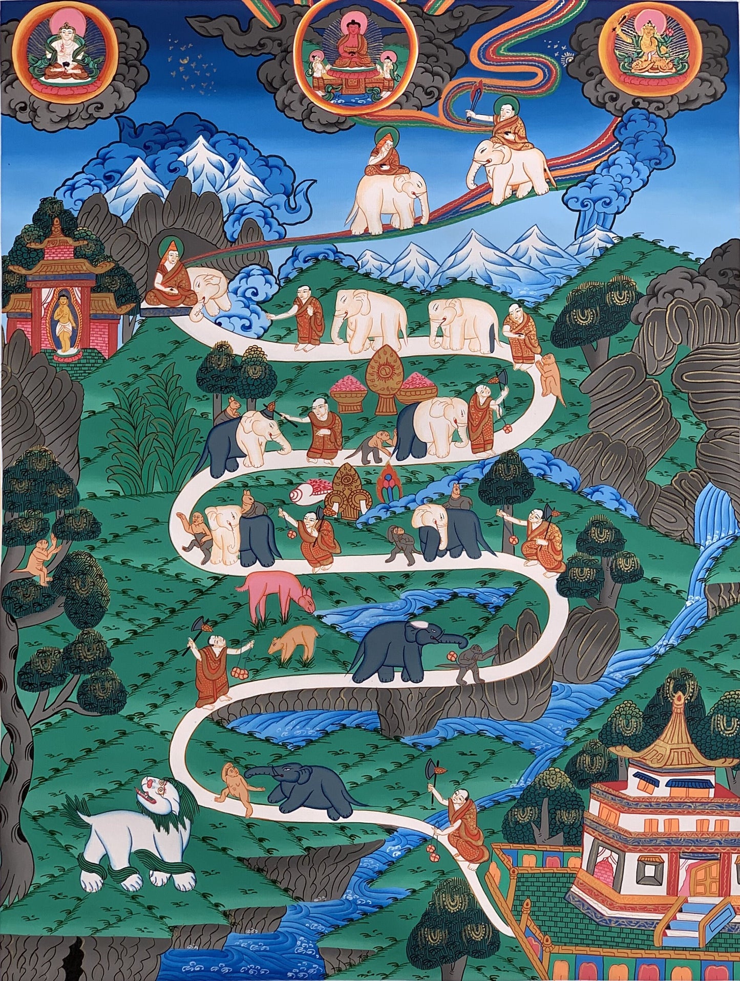 Original Hand-painted Way to Heaven/ Way to Nirvana Elephant Path Samatha Meditation Master quality Tibetan Thangka Painting from Nepal