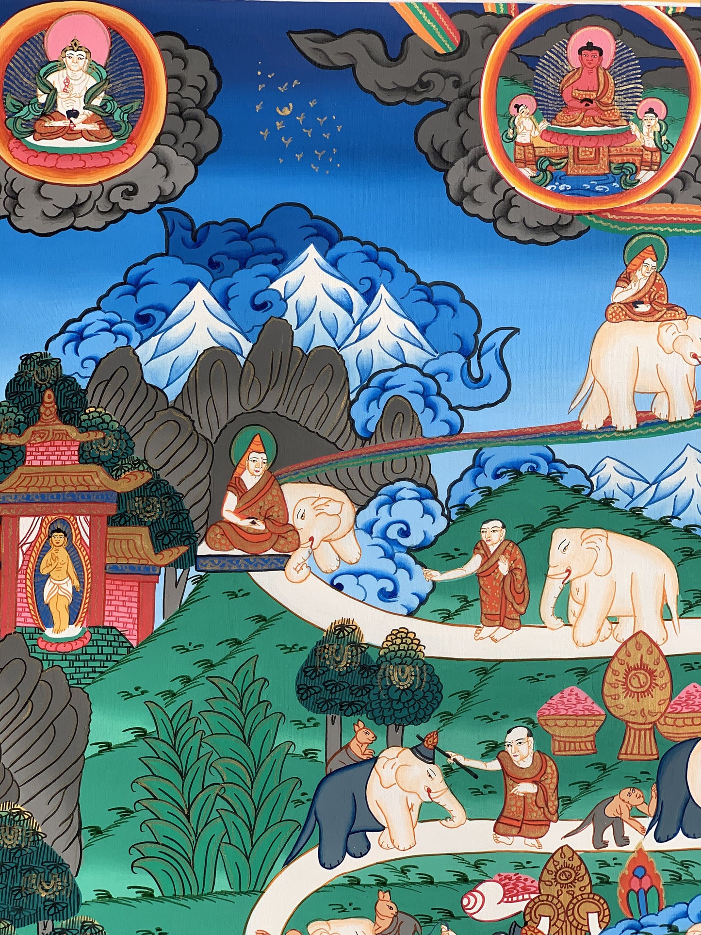 Original Hand-painted Way to Heaven/ Way to Nirvana Elephant Path Samatha Meditation Master quality Tibetan Thangka Painting from Nepal
