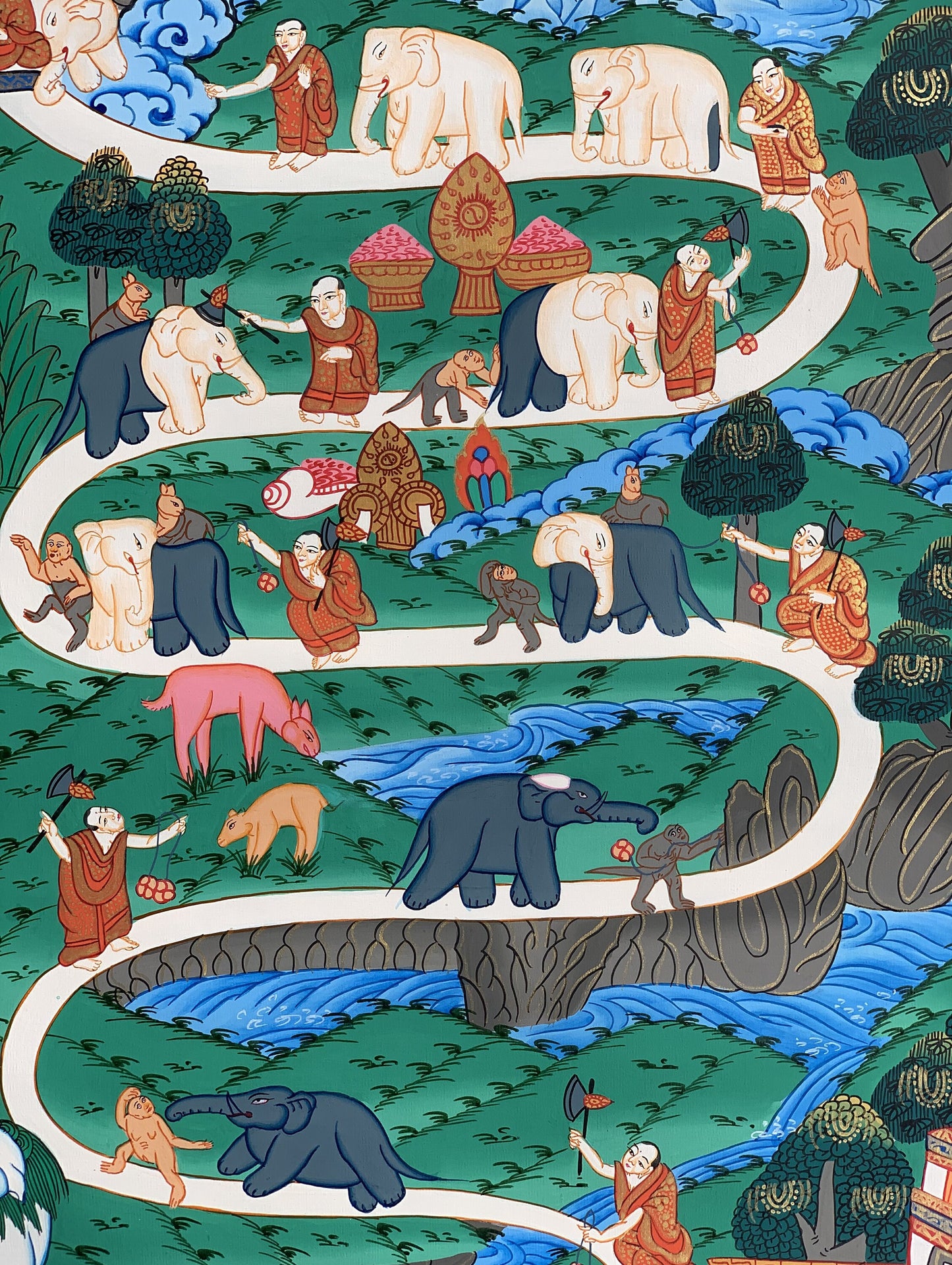 Original Hand-painted Way to Heaven/ Way to Nirvana Elephant Path Samatha Meditation Master quality Tibetan Thangka Painting from Nepal