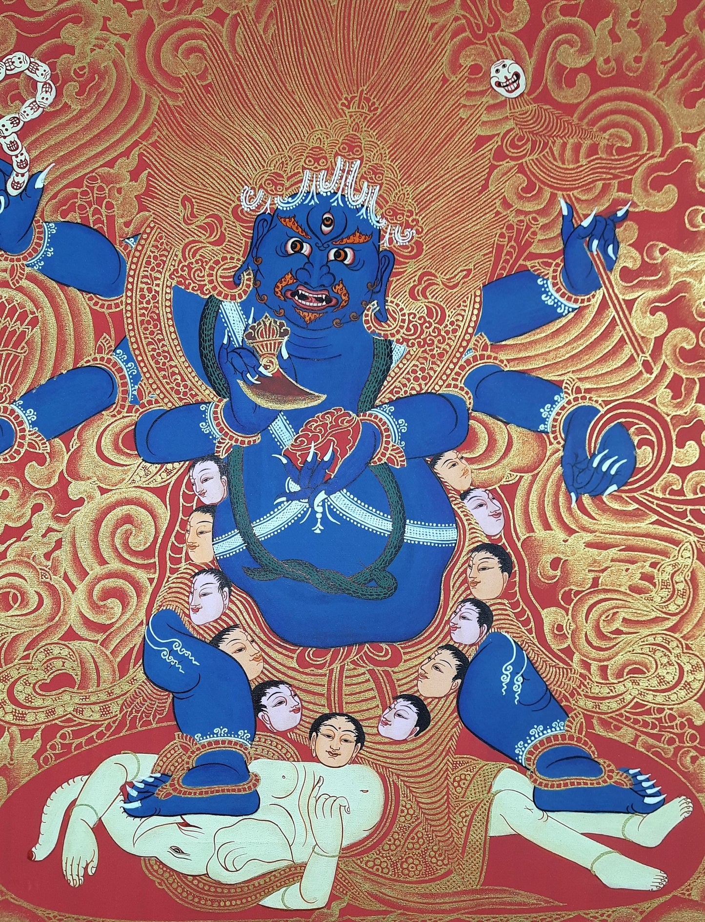 Original Hand Painted Masterpiece Six Arms Black-Cloaked Mahakala / Protector / Tibetan Compassion / Meditation Thangka / Thanka Painting