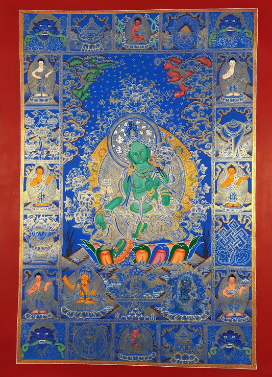 Hand painted Original Green Tara Masterpiece Tibetan Wall hanging Thangka  / Thangka /  Painting  Compassion Meditation Art from Nepal