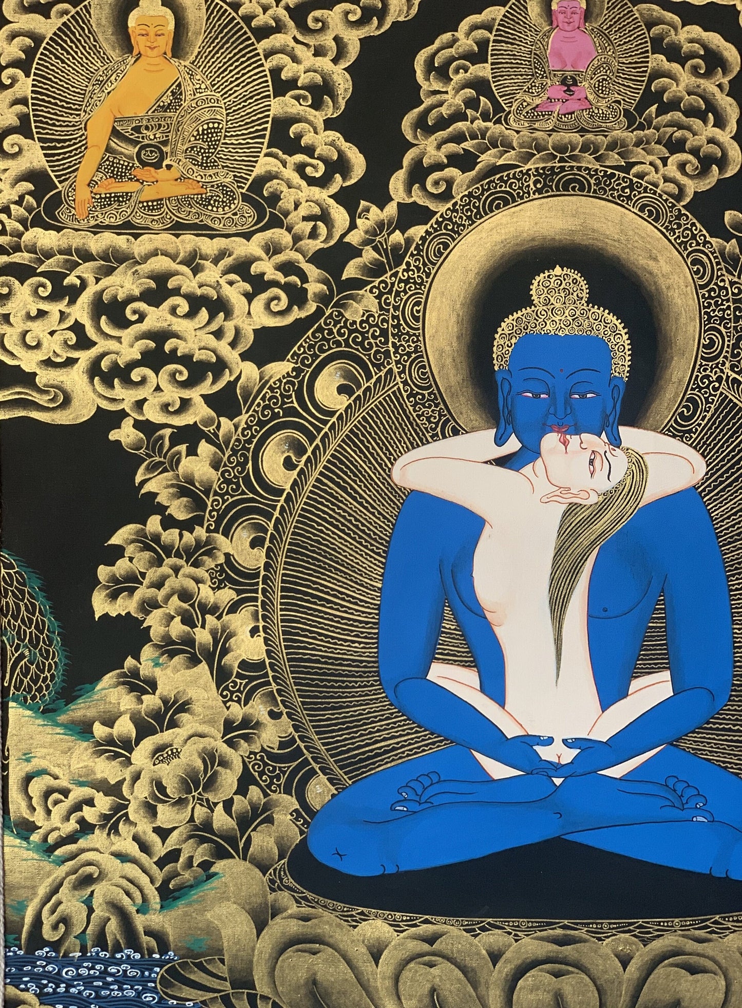 Original Hand Painted Buddha Shakti / Samantabhadra / Yab-Yum Tibetan Compassion Meditation Thangka Painting with Premium Silk Border