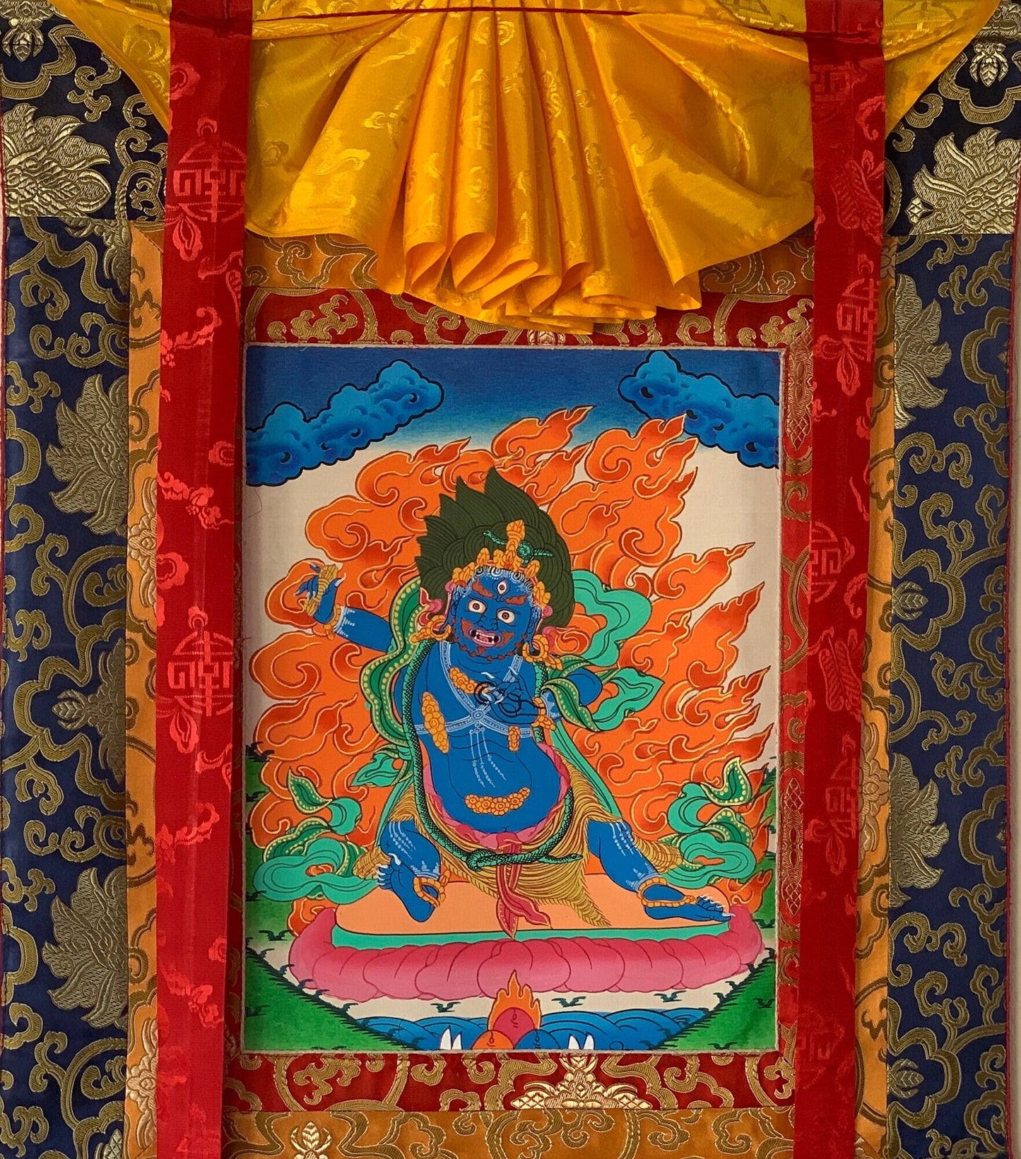 Original Hand-painted Vajarapani, Sangdag Chagna Dorje, Tibetan Thangka Painting with Silk Brocade