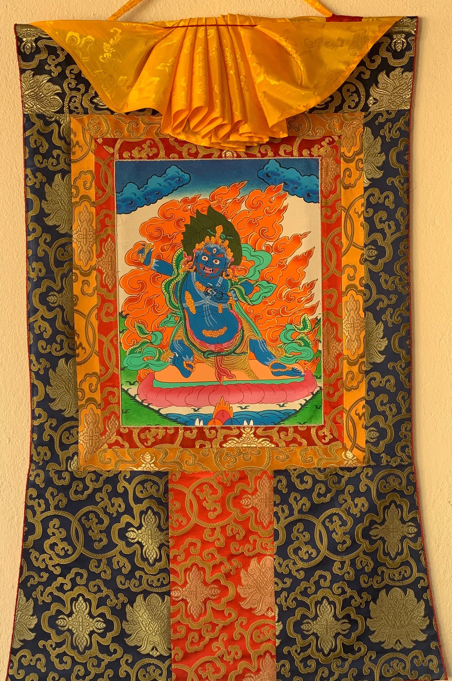 Original Hand-painted Vajarapani, Sangdag Chagna Dorje, Tibetan Thangka Painting with Silk Brocade