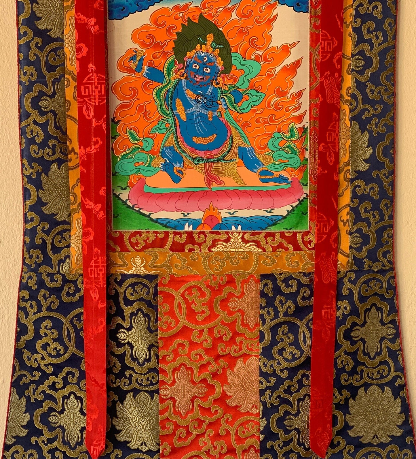 Original Hand-painted Vajarapani, Sangdag Chagna Dorje, Tibetan Thangka Painting with Silk Brocade