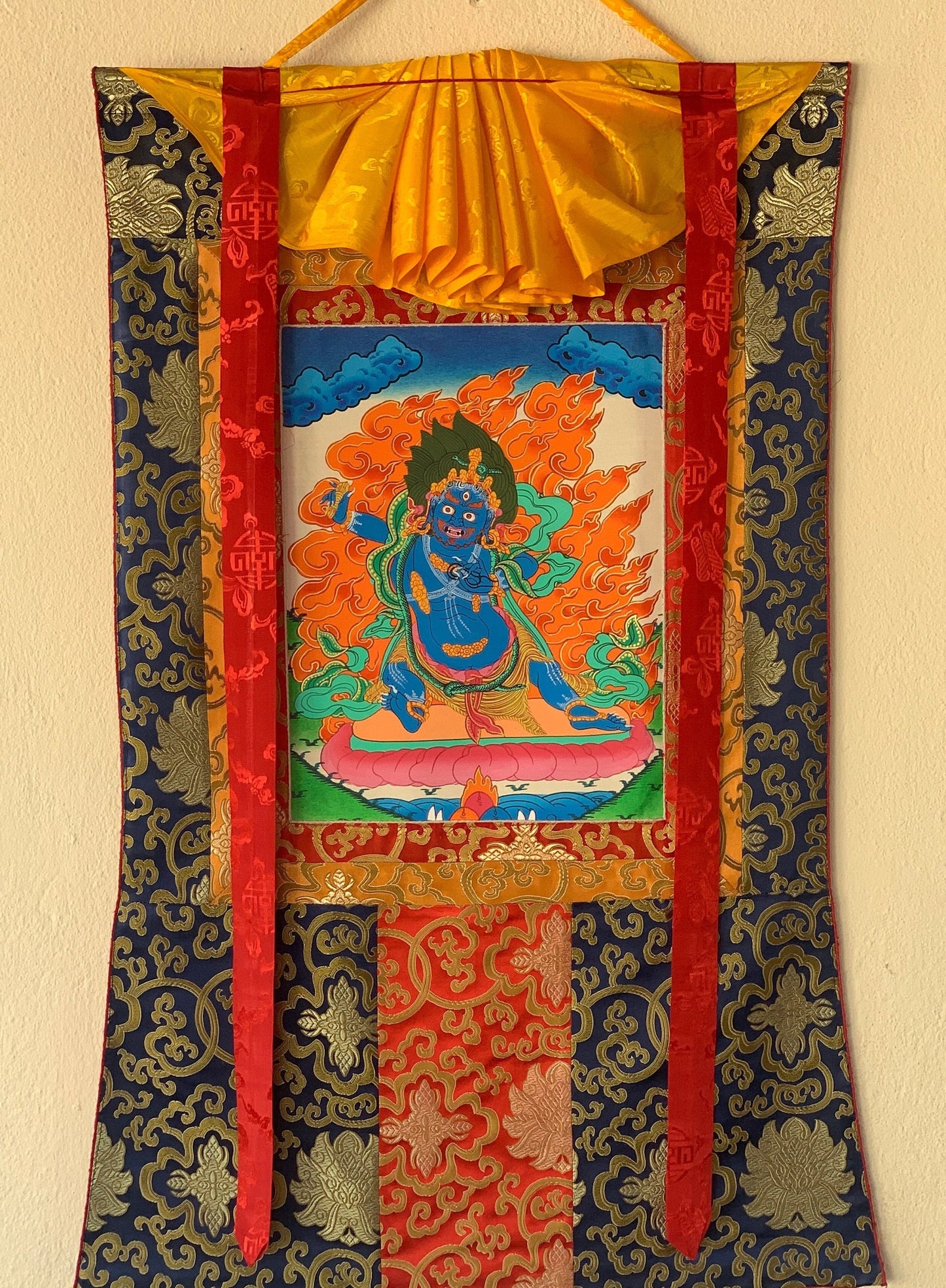 Original Hand-painted Vajarapani, Sangdag Chagna Dorje, Tibetan Thangka Painting with Silk Brocade