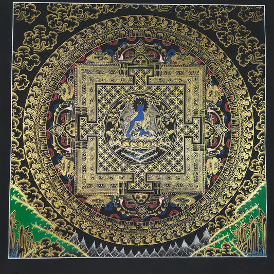 Hand painted Bhaisajyaguru, Medicine Buddha, Original Master Quality Mandala Tibetan Thanka  / Thangka / Compassion Meditation Painting