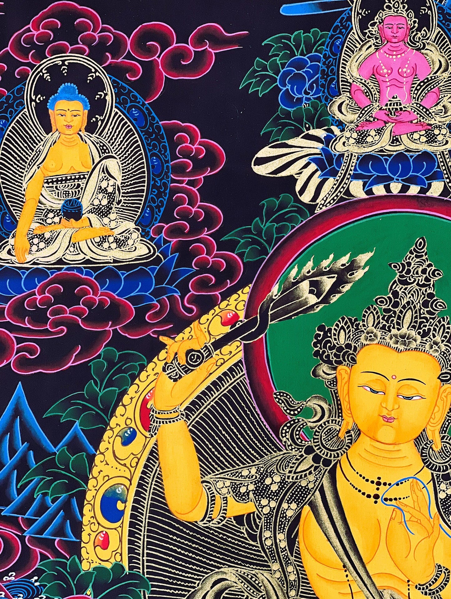 Original Hand Painted Manjushri / God Of Wisdom Compassion / Meditation Wall Hanging Thangka / Painting with High-Quality Silk Brocade