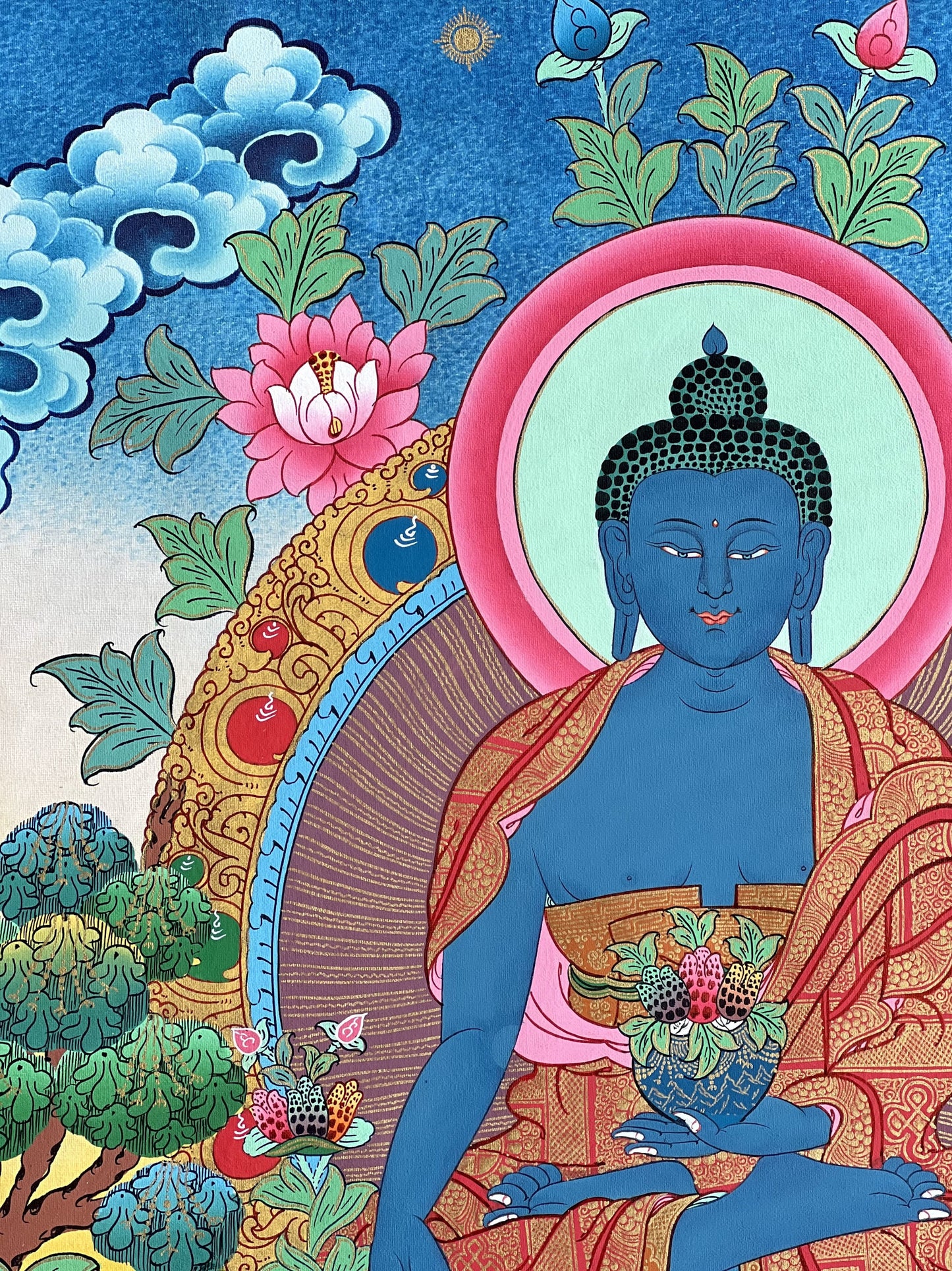 Originnal Hand-painted Medicine Buddha, Bhaisajyaguru, Tibetan Thangka Painting  with Premium Silk Brocade