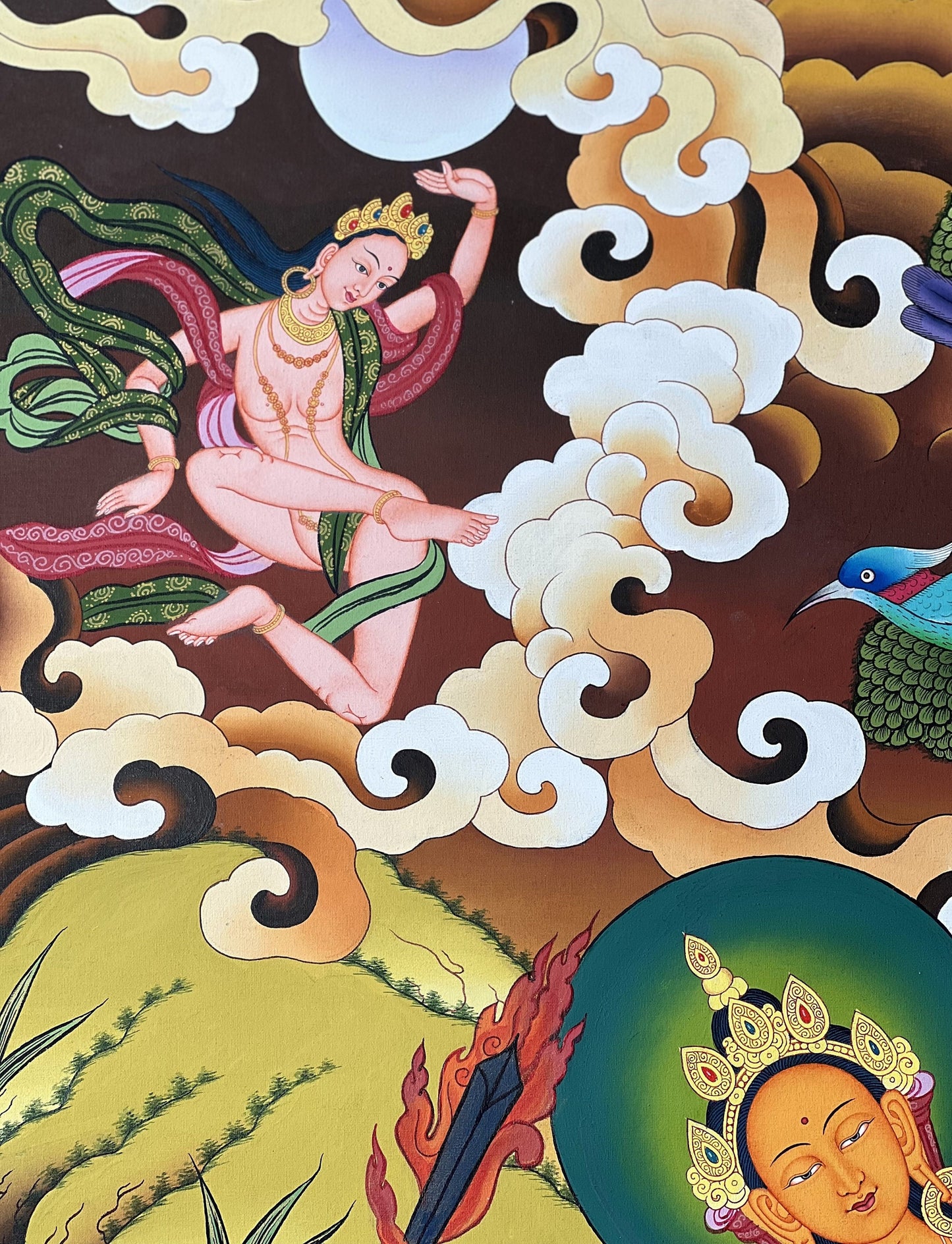 Original Hand Painted Large Masterpiece Manjusri / Manjushri/ God Of Wisdom 24 K Gold Tibetan Thanka / Thangka Painting/Wall Hanging