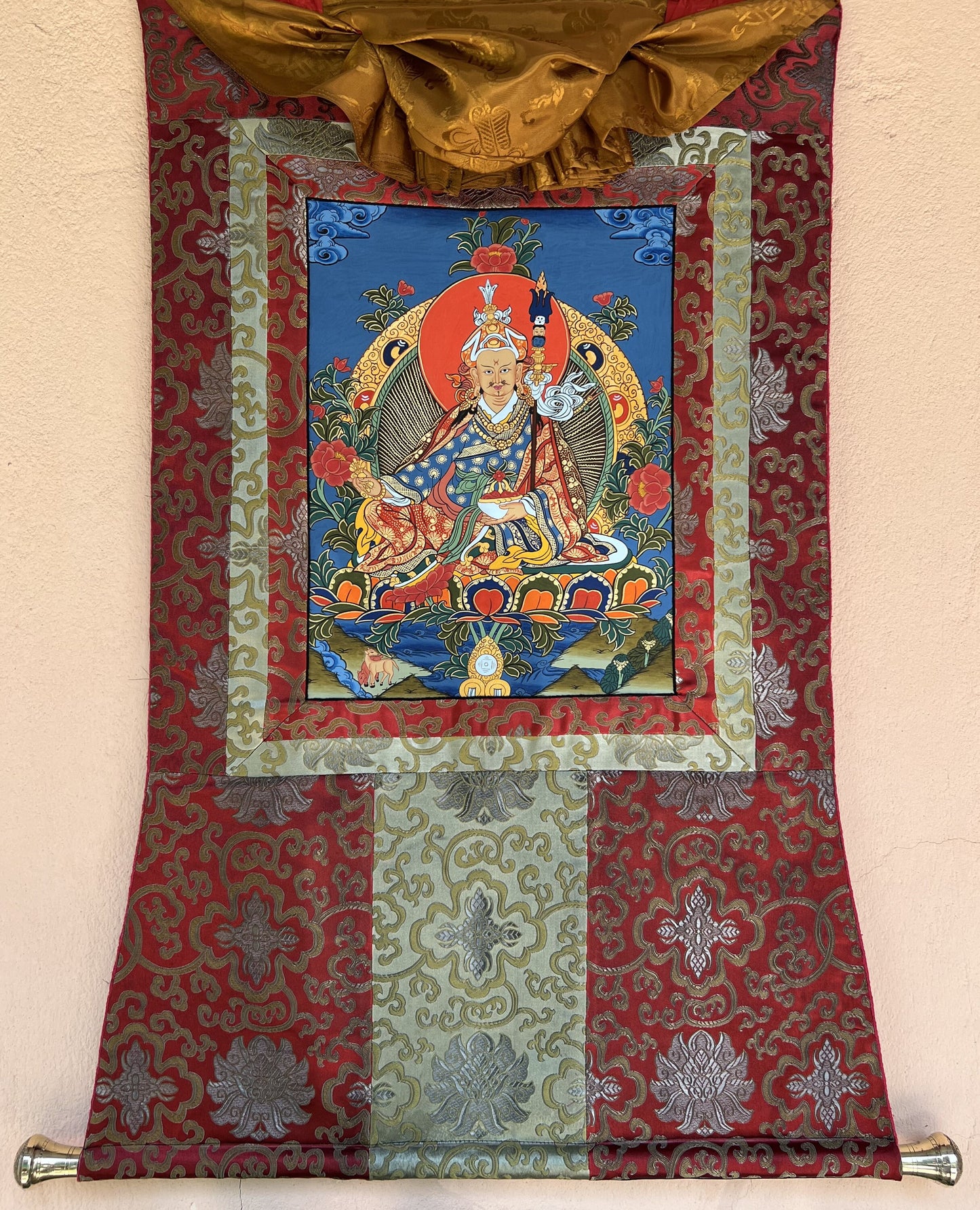 Hand-painted Padmasambhava, Guru Rinpoche, Tibetan Thangka Painting, Buddhist Art with Silk Brocade