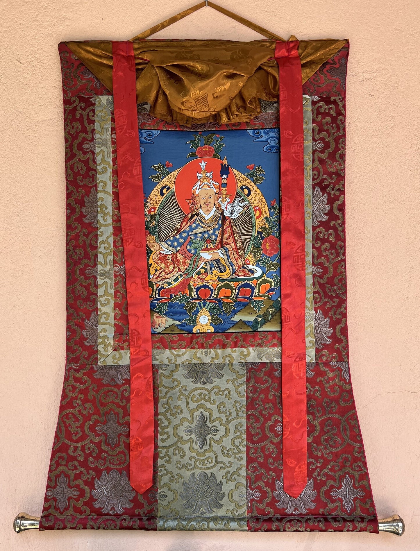 Hand-painted Padmasambhava, Guru Rinpoche, Tibetan Thangka Painting, Buddhist Art with Silk Brocade