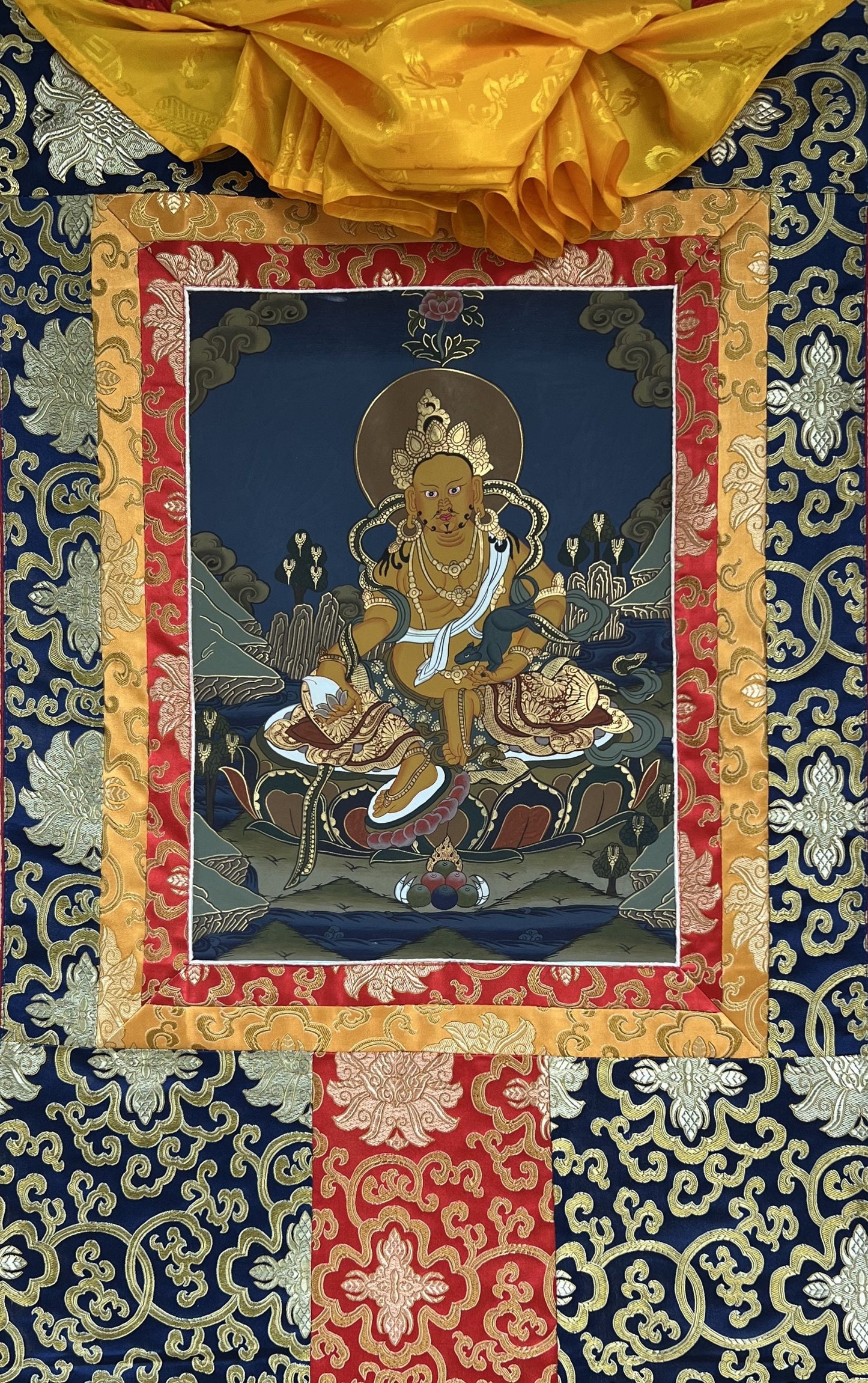 Original Hand Painted Jambala/Jambhala/Kubera God Of Wealth Tibetan Compassion / Meditation Thangka / Thanka Painting with Silk Brocade