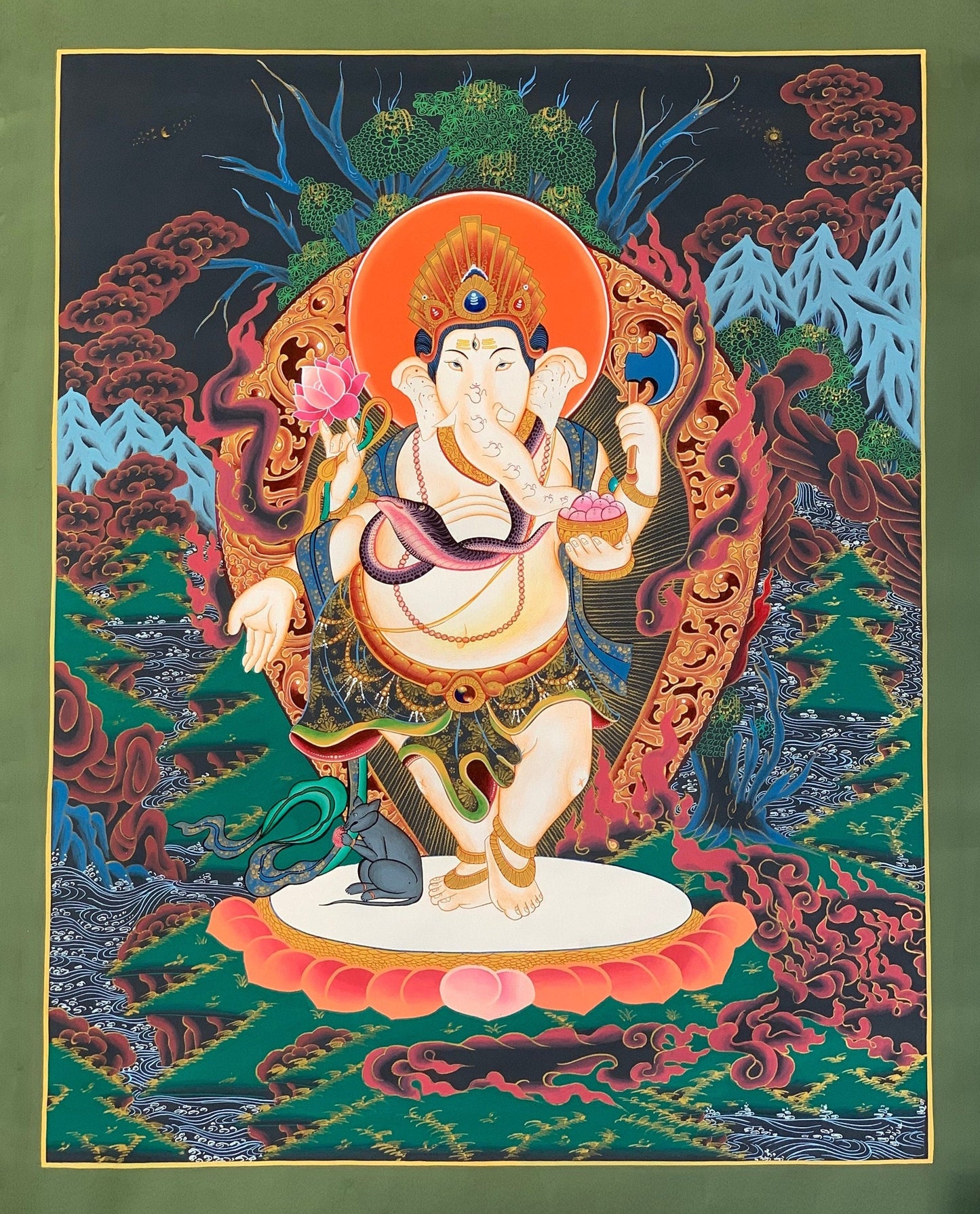 4 Armed Ganesha, Ganapati, Vinayaka, High-Quality Masterpiece Newari Paubha Thangka Painting
