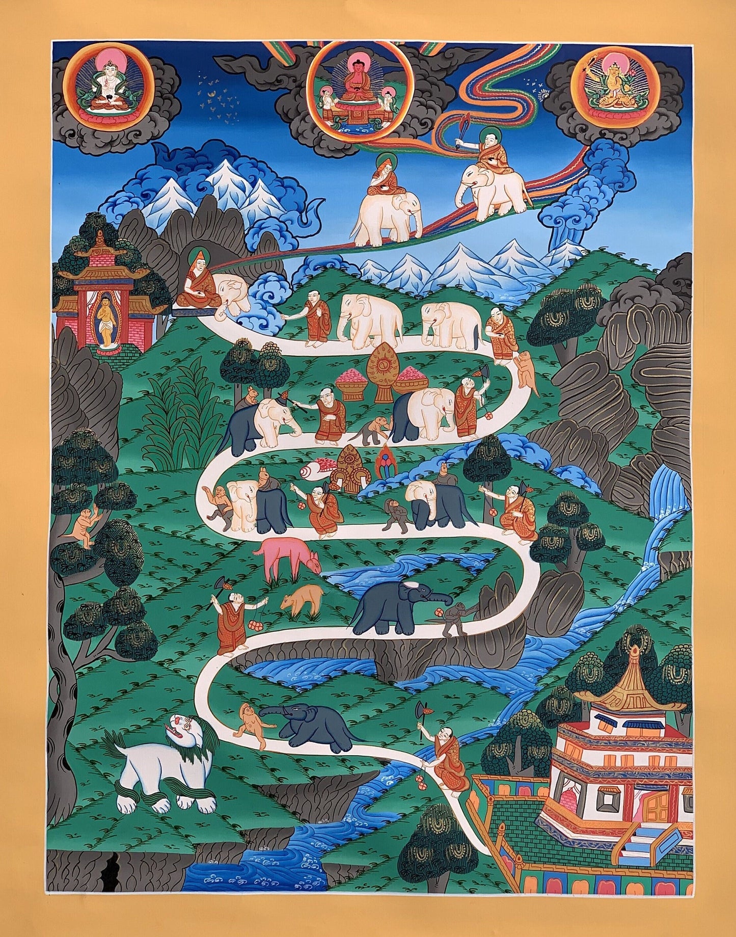 Original Hand-painted Way to Heaven/ Way to Nirvana Elephant Path Samatha Meditation Master quality Tibetan Thangka Painting from Nepal