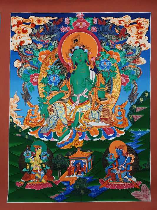 Hand painted Original Green Tara Female Buddha Gold Masterpiece Tibetan Thangka /Thanka Painting/Wall Hanging  From Nepal