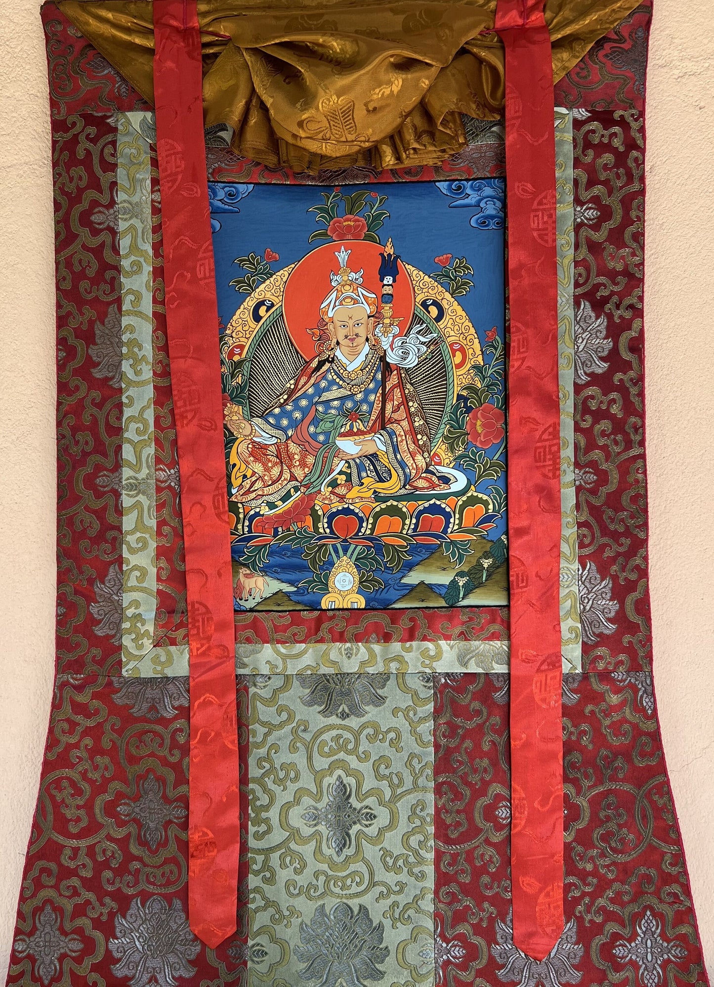 Hand-painted Padmasambhava, Guru Rinpoche, Tibetan Thangka Painting, Buddhist Art with Silk Brocade