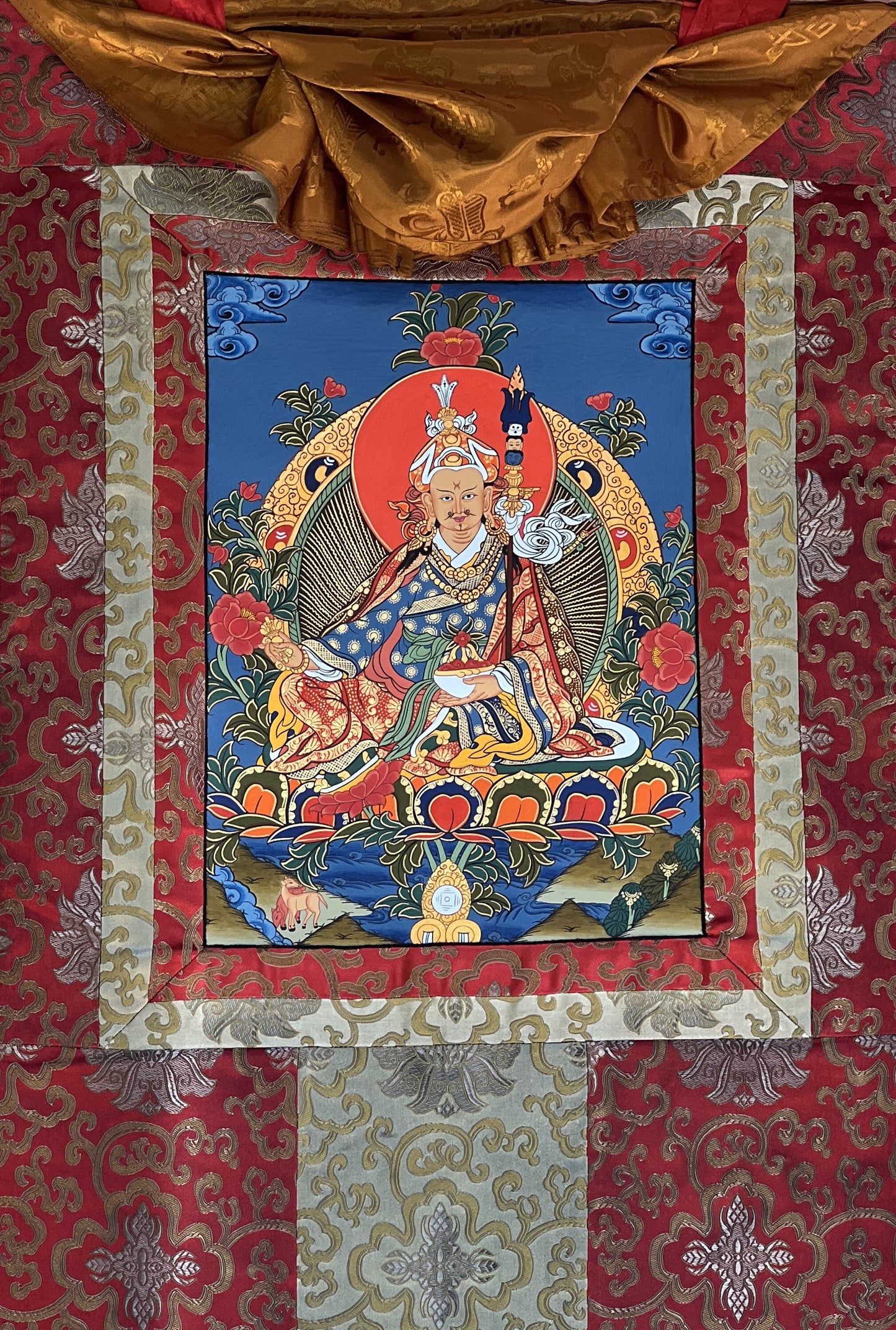 Hand-painted Padmasambhava, Guru Rinpoche, Tibetan Thangka Painting, Buddhist Art with Silk Brocade