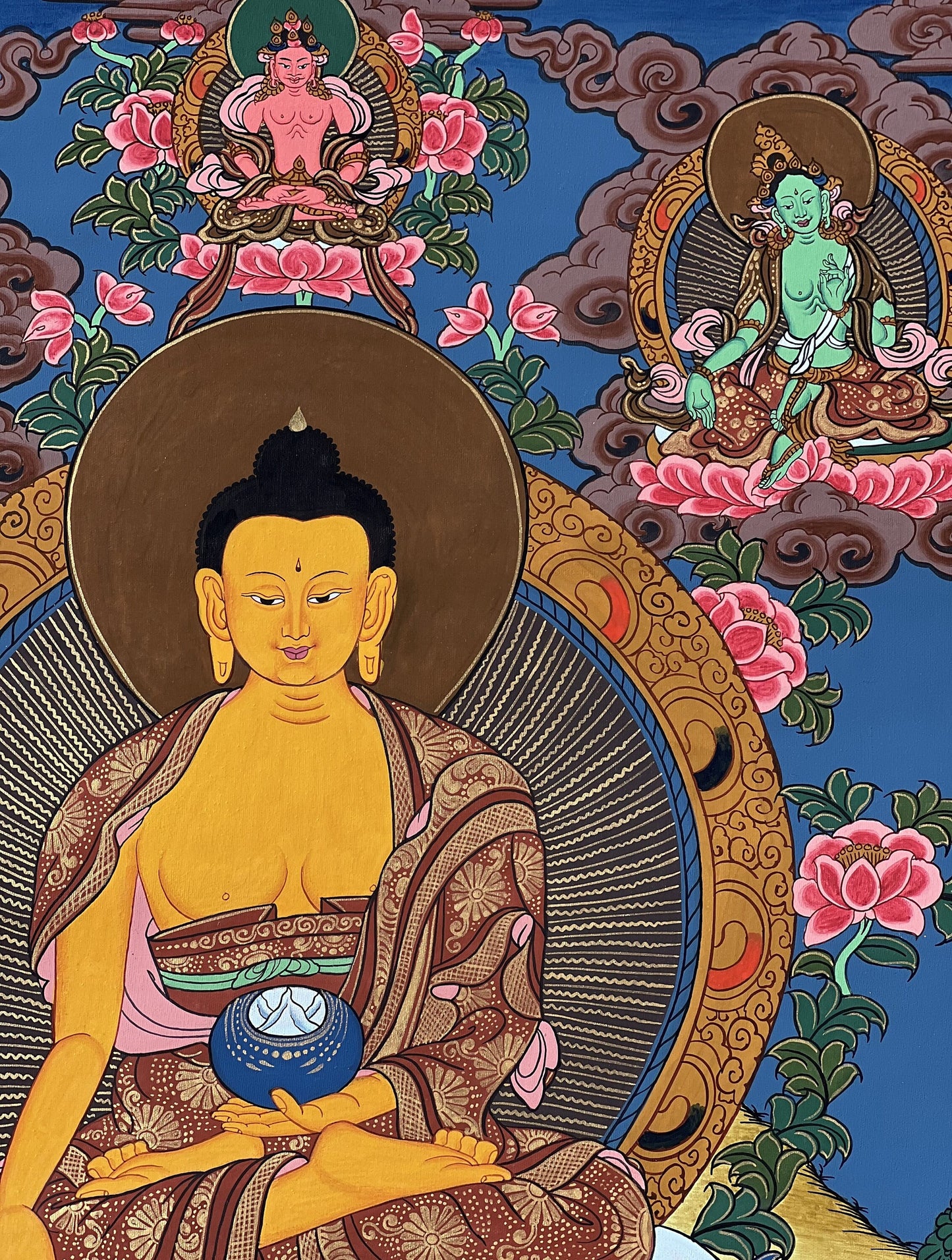 Hand-painted, Shakyamuni/ Gautama Buddha Masterpiece Tibetan Thangka Painting with Premium Silk Brocade