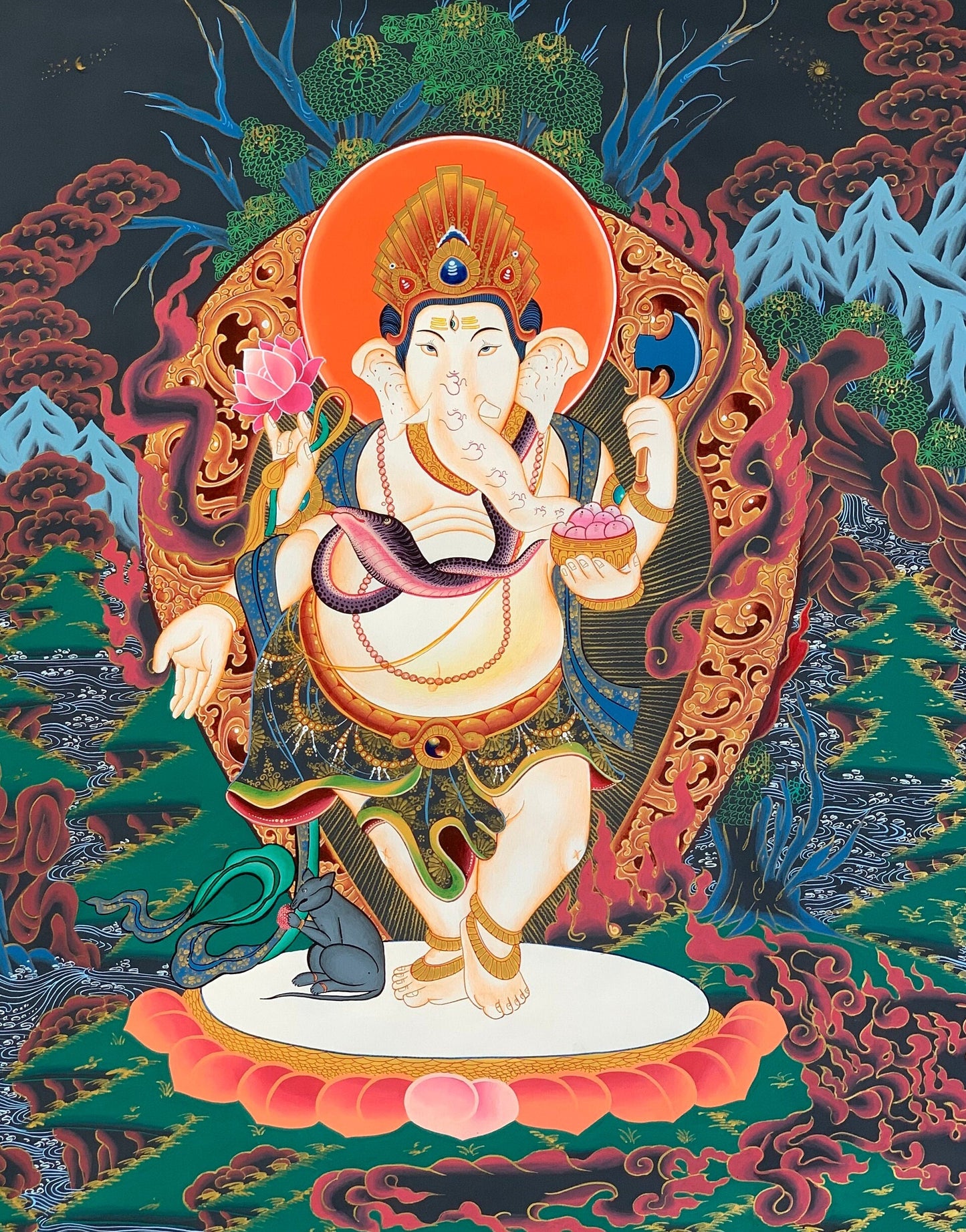 4 Armed Ganesha, Ganapati, Vinayaka, High-Quality Masterpiece Newari Paubha Thangka Painting