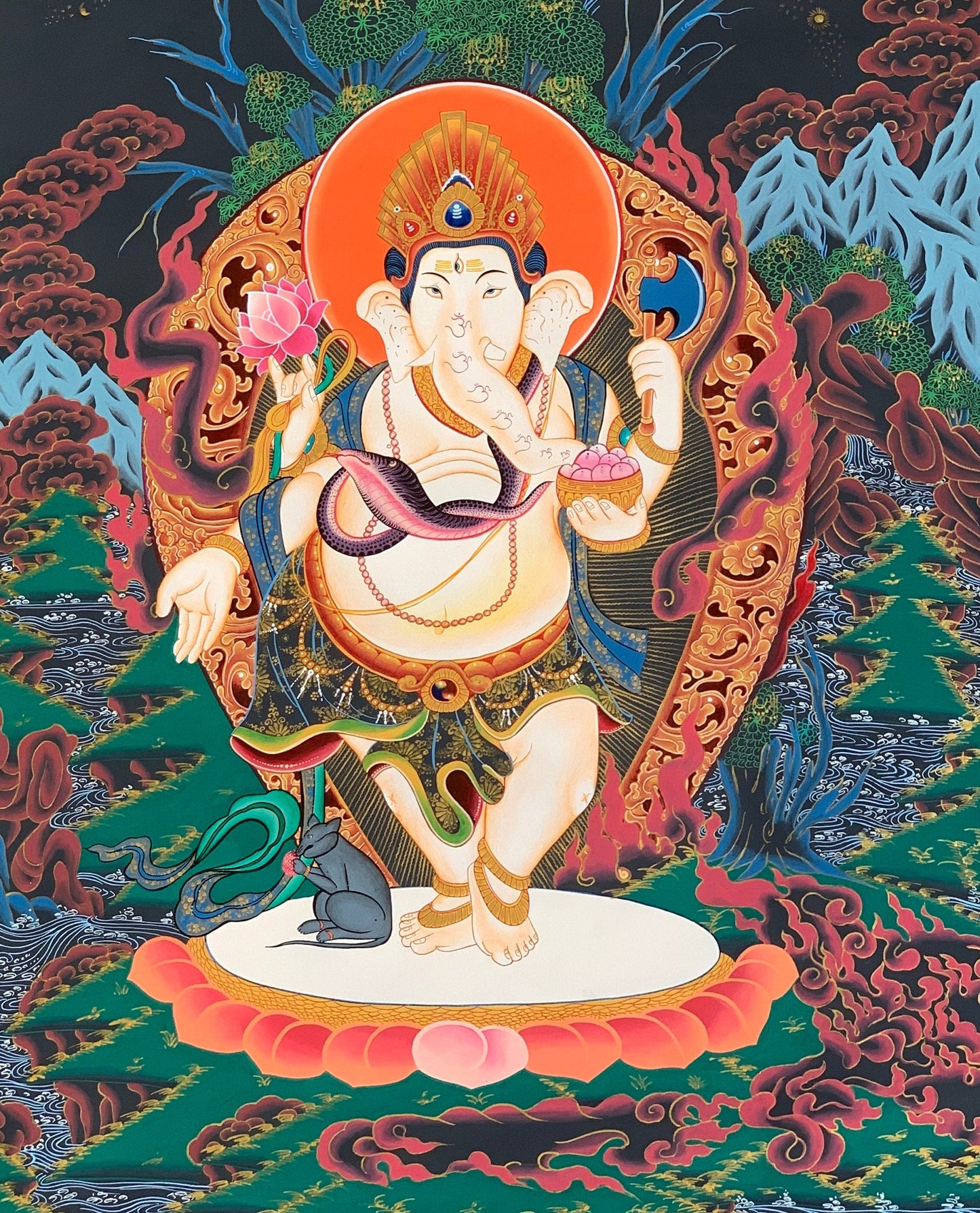4 Armed Ganesha, Ganapati, Vinayaka, High-Quality Masterpiece Newari Paubha Thangka Painting