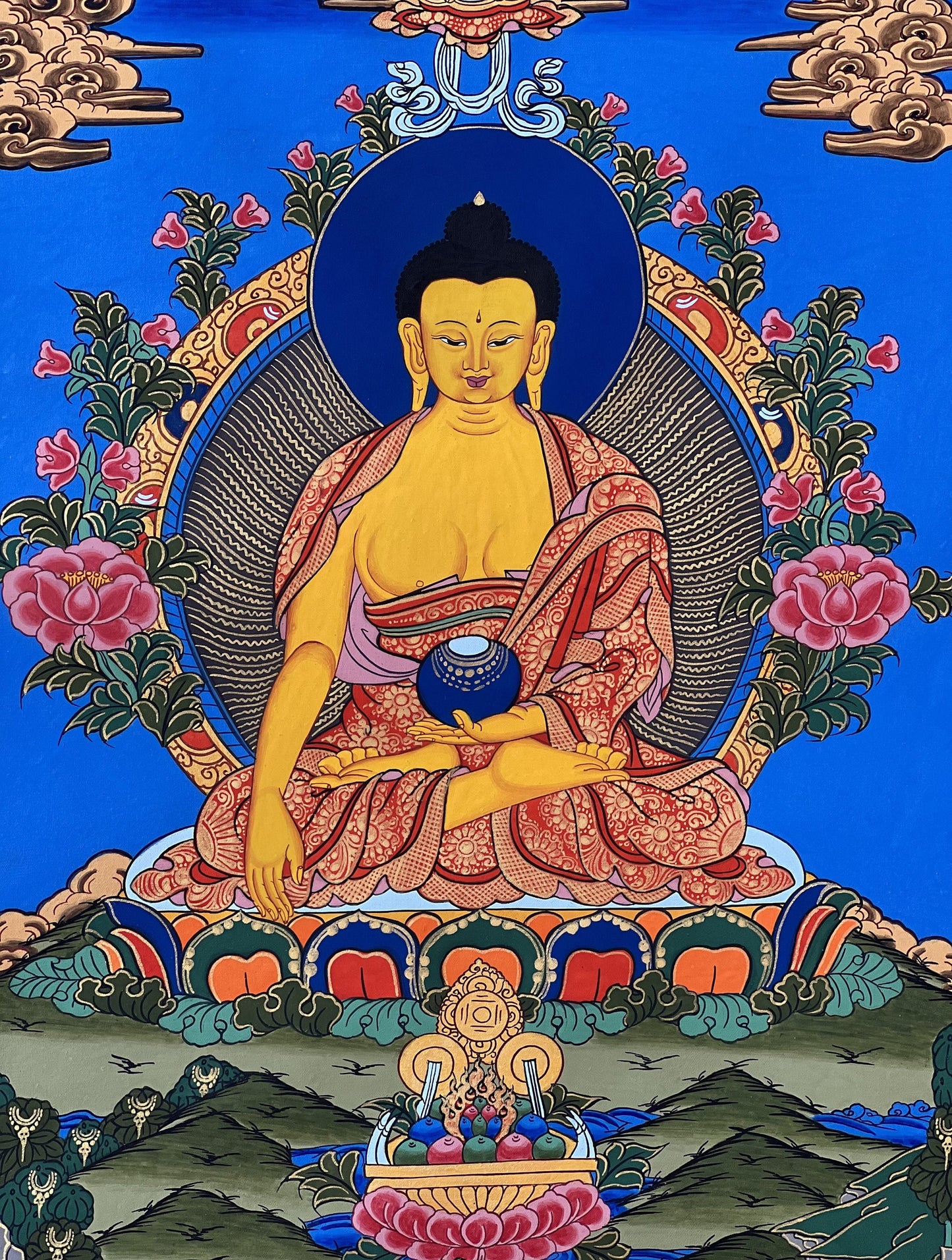 Original Hand-painted  Shakyamuni/ Gautama Buddha/ Tibetan Thangka Painting Bordered/Framed with Silk