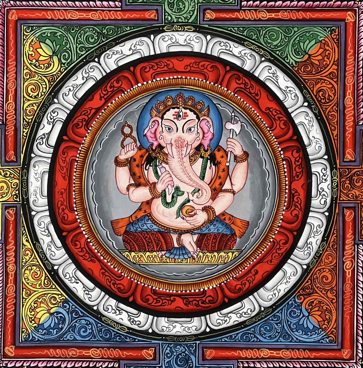 4 Armed Ganesha, Ganapati, Vinayaka, in Sriyantra Master Quality Newari Pauva/Thangka Painting