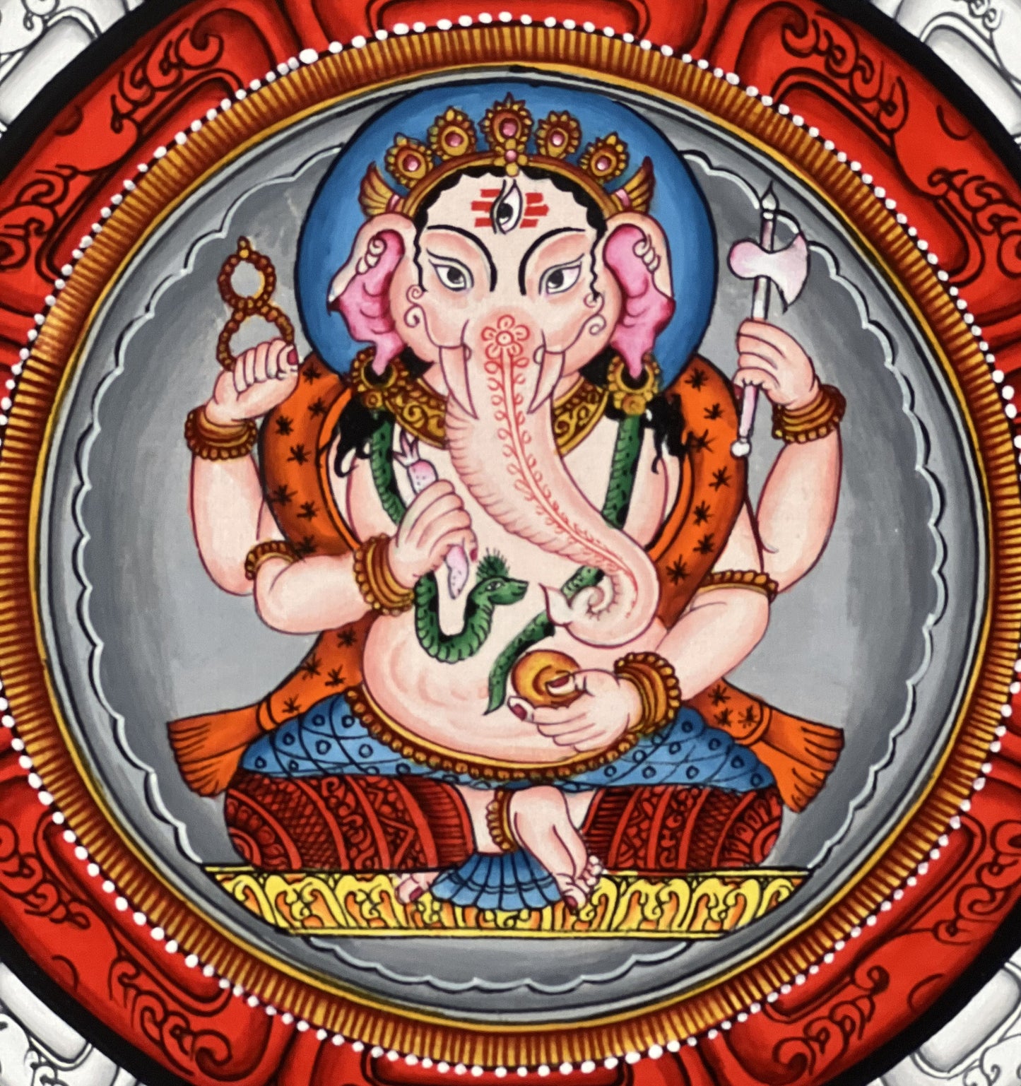 4 Armed  Ganesha, Ganapati, Vinayaka, in Sriyantra  Master Quality Newari Pauva/Thangka Painting
