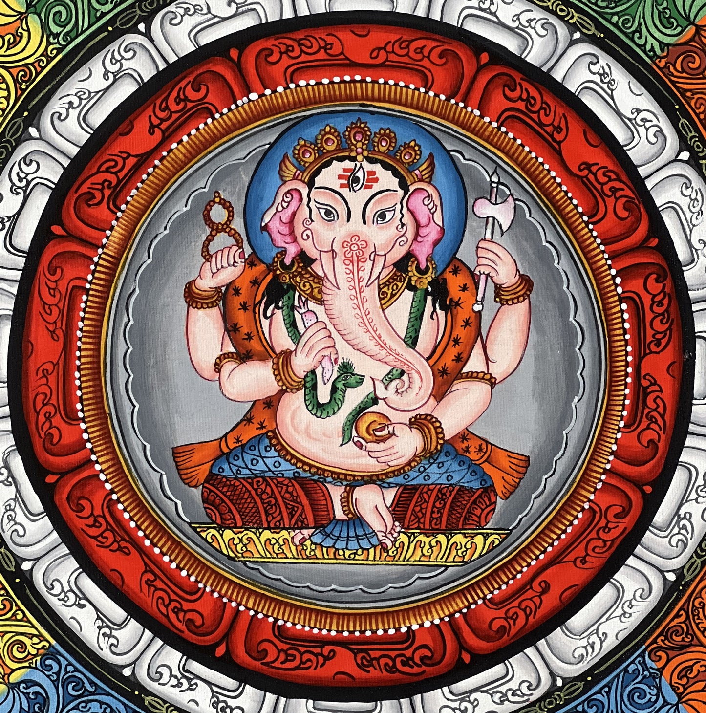 4 Armed Ganesha, Ganapati, Vinayaka, in Sriyantra Master Quality Newari Pauva/Thangka Painting