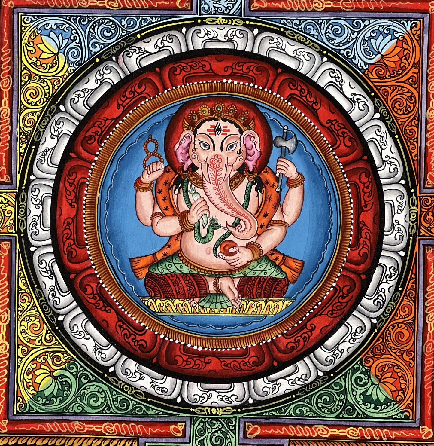 4 Armed Ganesha/ Ganapati/ Vinayaka in Sriyantra Master Quality Newari Paubha/Thangka Painting, Art for Wealth and Prosperity