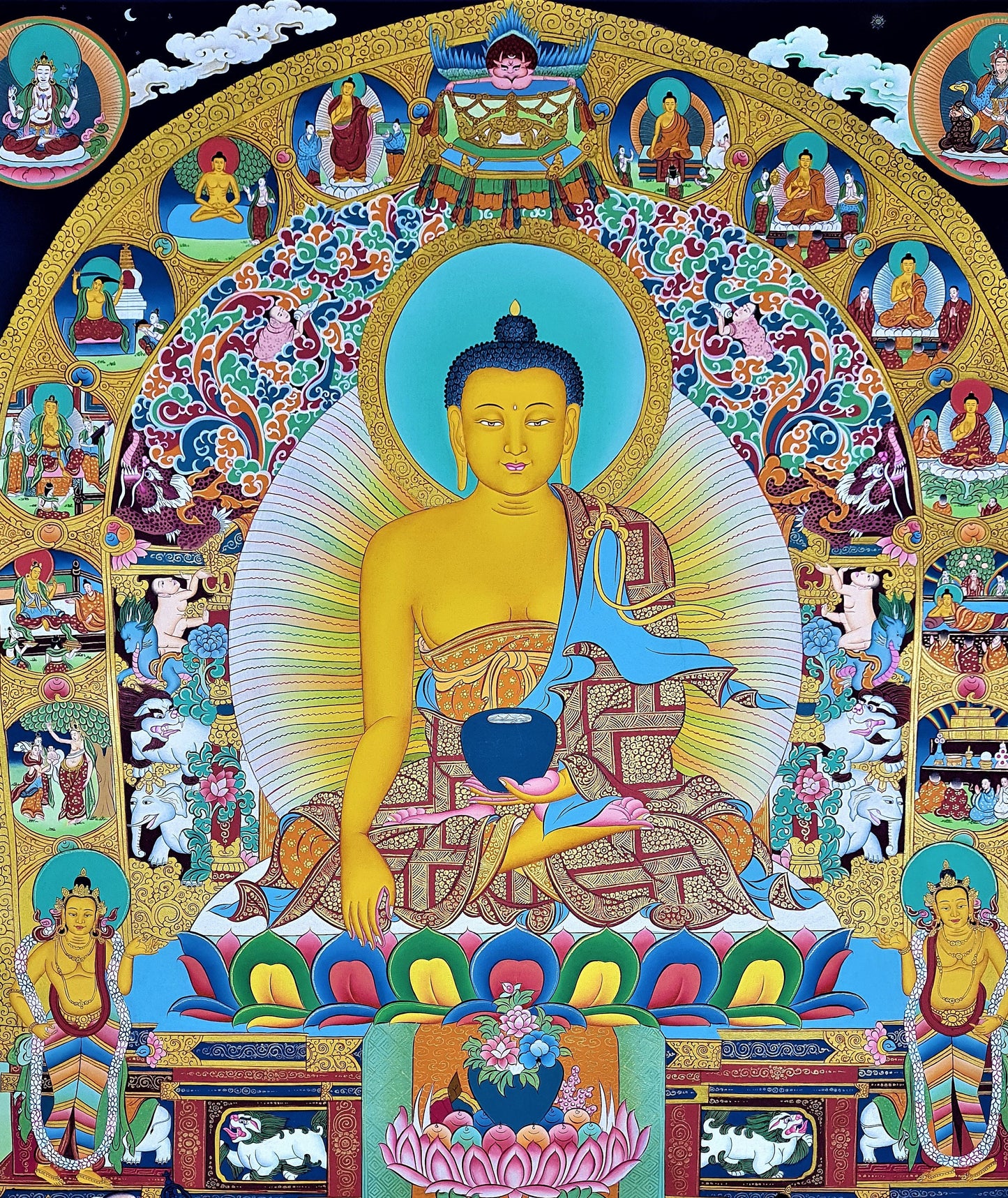 Hand-painted Original Buddha Life Story Masterpiece Tibetan Wall hanging Thangka / Thangka Painting Compassion Meditation Art