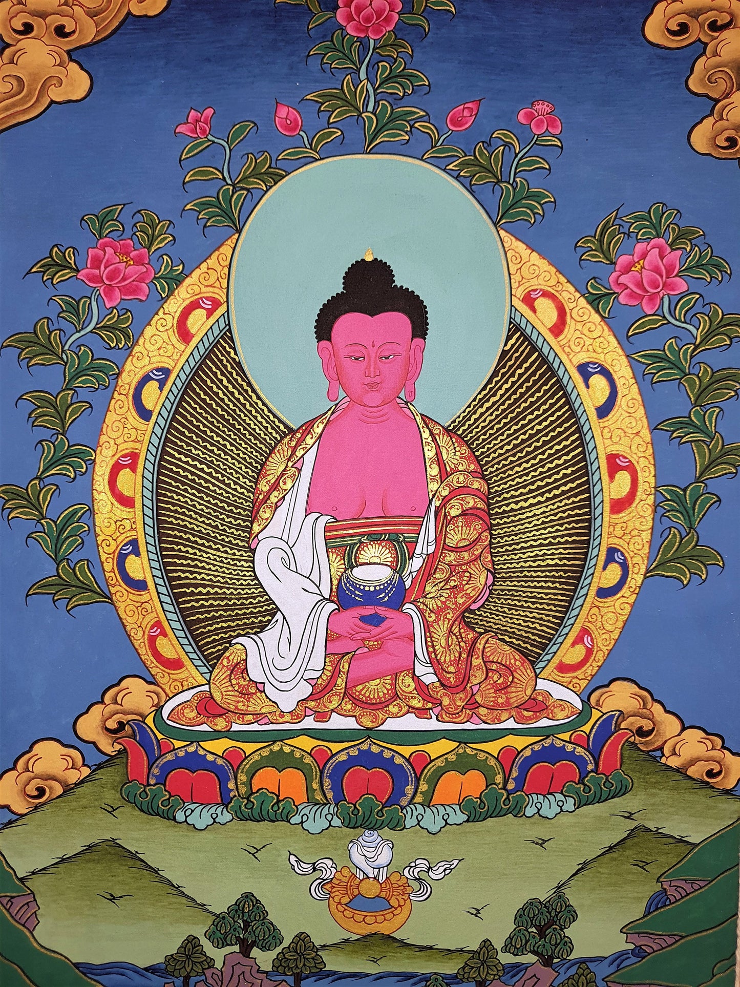 Original Hand Painted Amitabha Buddha Masterpiece Tibetan Compassion / Meditation Thangka / Thanka Painting With High-Quality Silk Framed