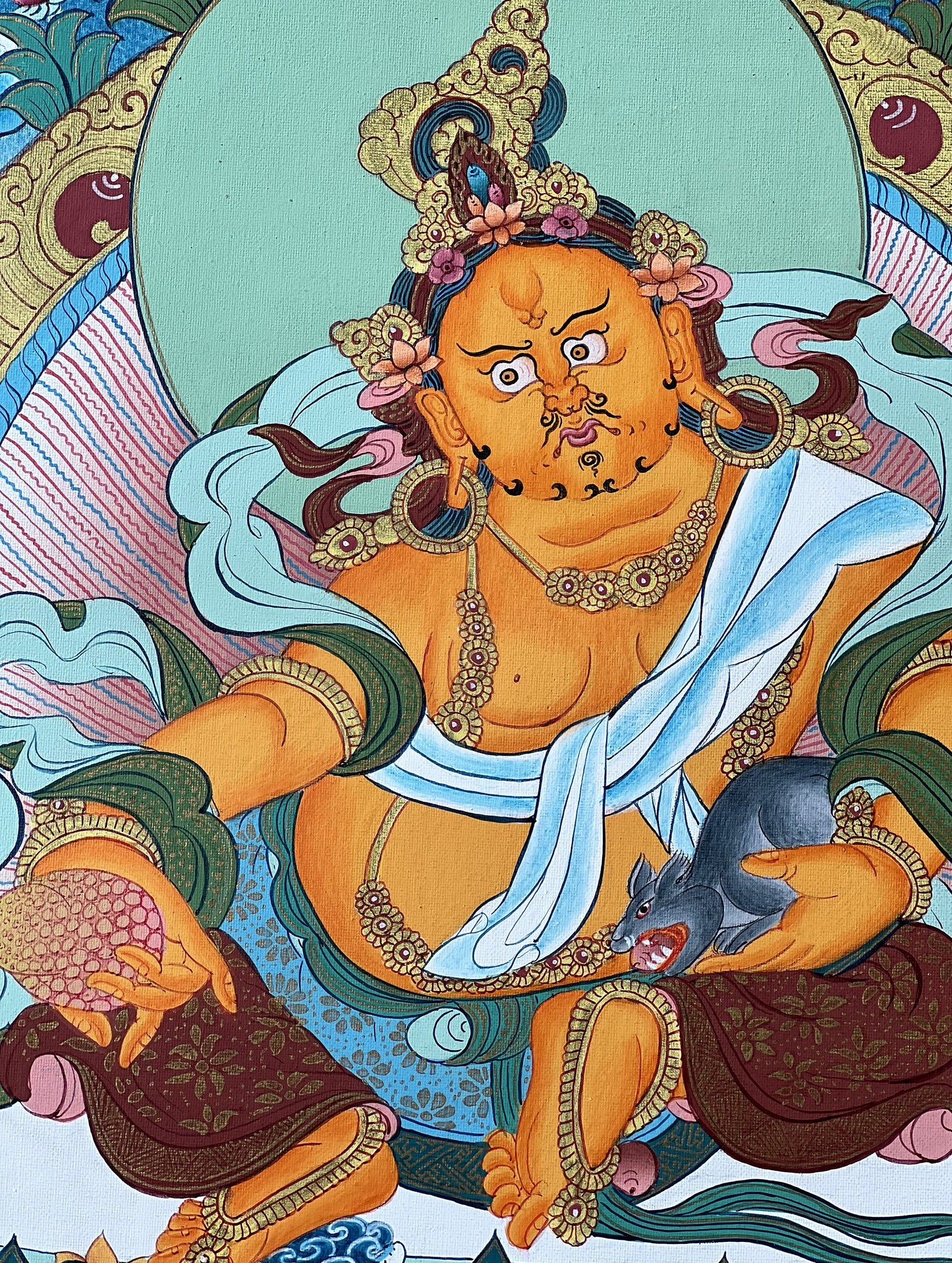 Original Hand Painted Jambhala / Kubera God Of Wealth 24 K Gold Tibetan Meditation Thangka/Thanka Painting with Green Tara and Palden Lhamo