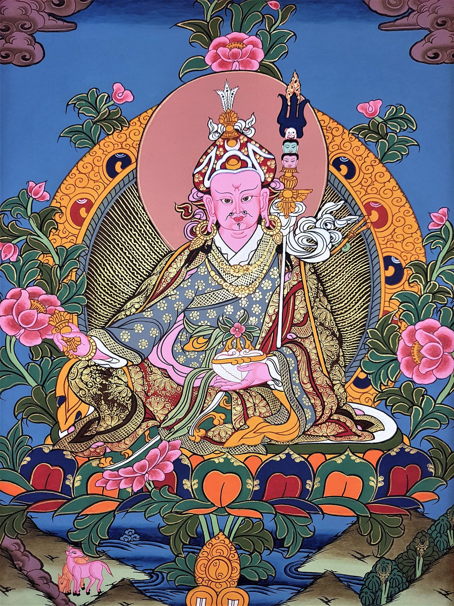 Original Hand Painted Guru Rinpoche Padmasambhava Masterpiece Gold Tibetan Thangka / Thanka Painting With High-Quality Silk Framed